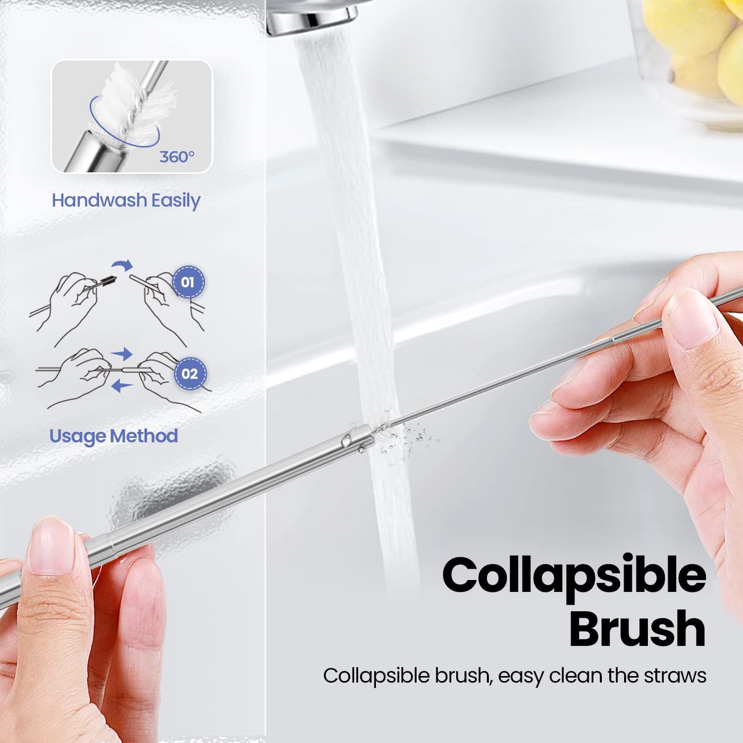 Cruise Ship Essentials,4-Pack reusable Collapsible Stainless Steel Drinking Straws with Aluminum Case,Cleaning Brush,and Keychains (Black & rose gold & blue & gold)