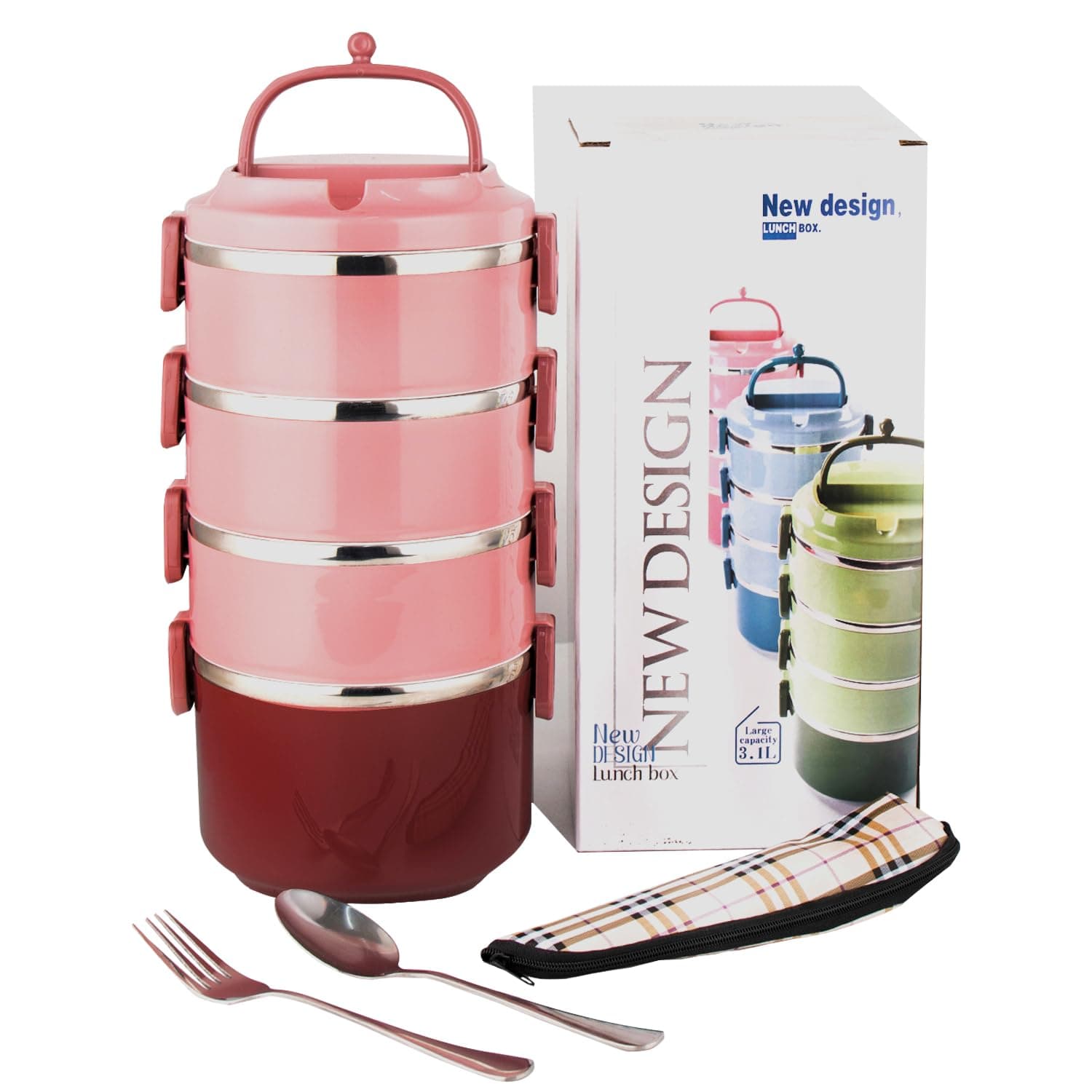 SANQIAHOME 4 Tier Stackable Stainless Steel Lunch Box Sealed(pink, 4 layers) with spoon and fork