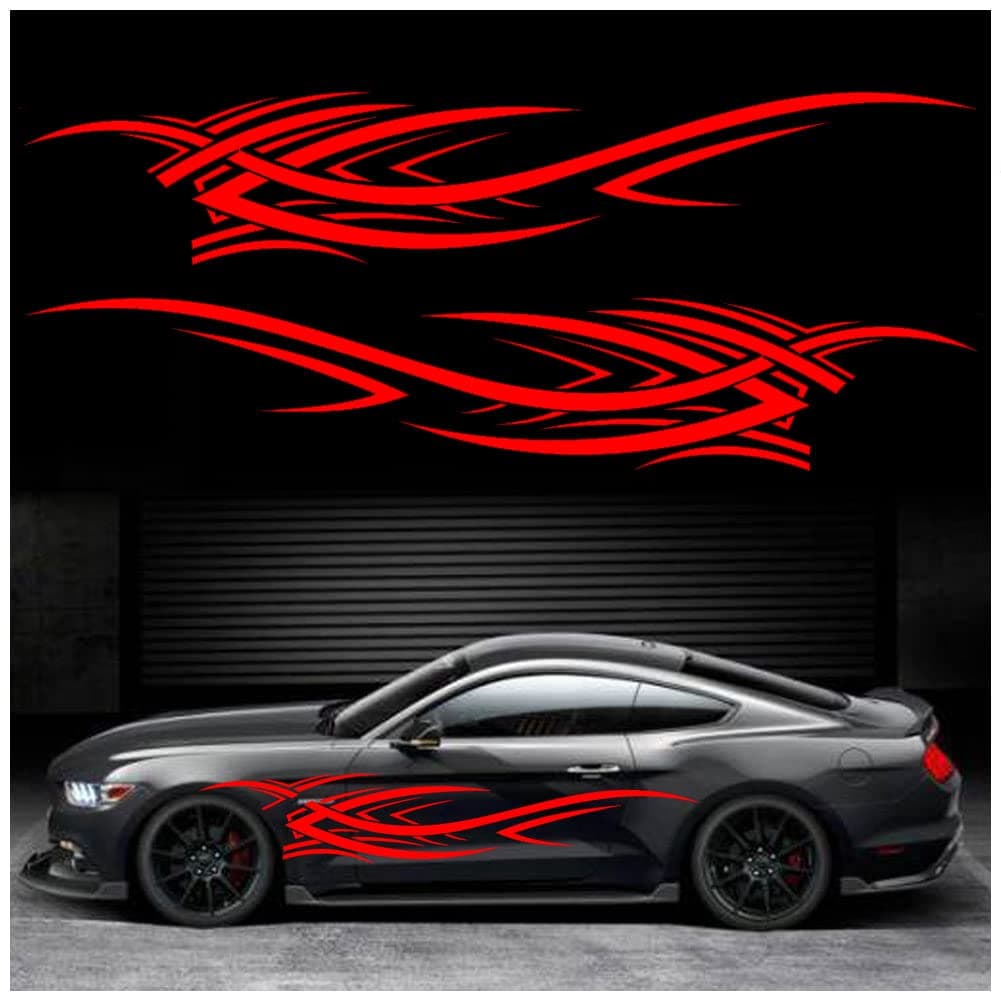 2Pcs 94.4'' Universal Flame Graphics Car Auto Body Side Sticker Racing Sports Self-Adhesive Side Strip Decal Decoration Accessories for Truck SUV Off-Road Vehicles (Style2 Red)