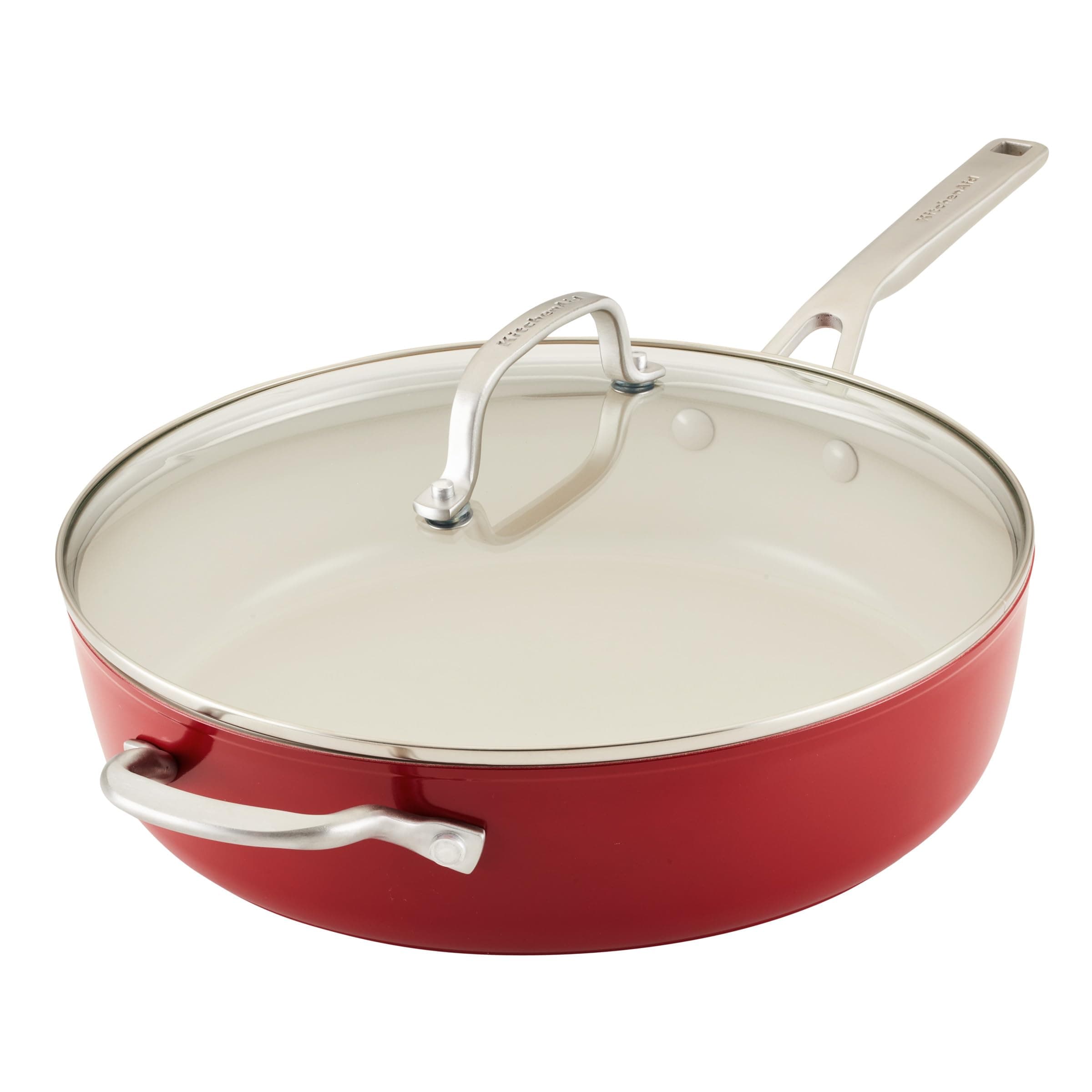 KitchenAidHard Anodized Ceramic 5-Quart Nonstick Sauté Pan with Shatter-Resistant Lid & Riveted Handle – Durable, Even Heating, Easy Clean, Oven Safe to 500°F, Empire Red