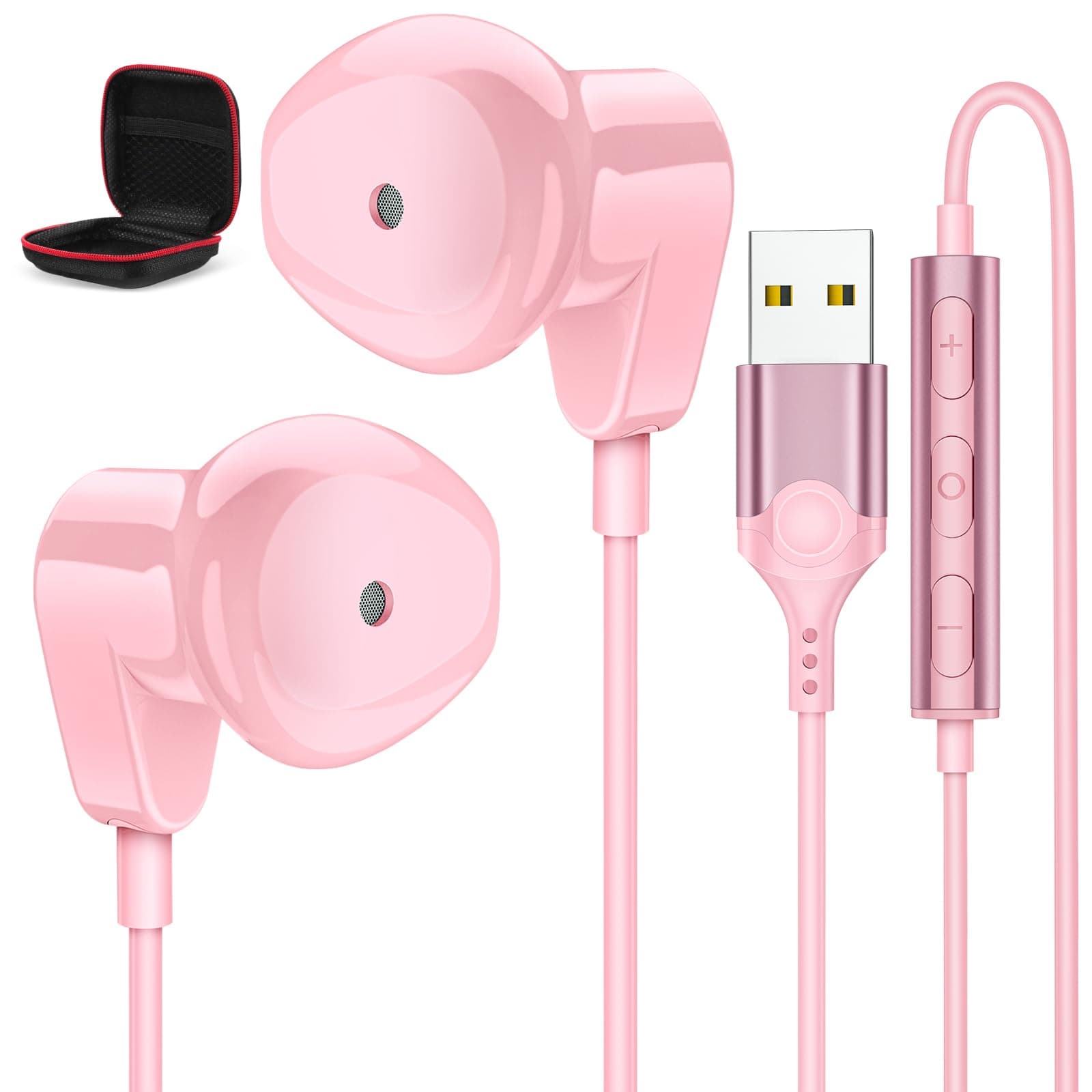 APETOO USB Headset with Microphone for PC/Laptop, 7.5FT USB Type-A Wired Earbuds in-Ear Headphones - Volume Control, Mute Audio, Lightweight, Compatible with Lenovo Acer HP Dell Laptop Desktop, Pink