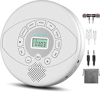 Portable CD Player with Built-in Speaker: KUEPHOM Rechargeable Discman with Headphones - Anti-Skip for Car AUX,USB MP3 playable with Memory for Music/Audiobooks/Travel/Trip/Gift - White