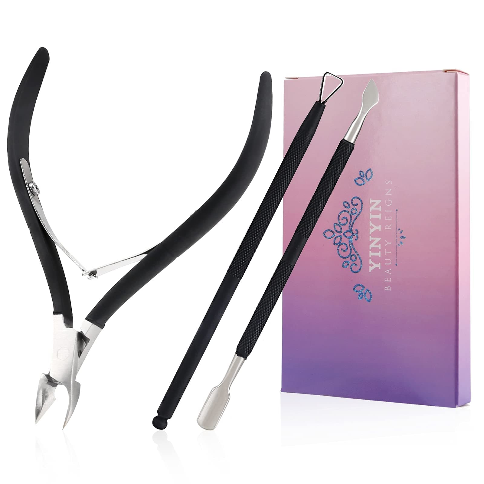 YINYIN Cuticle Trimmer Set - Classic, Professional Black Stainless Steel Cuticle Clippers - 3 Count Ambidextrous Scissors