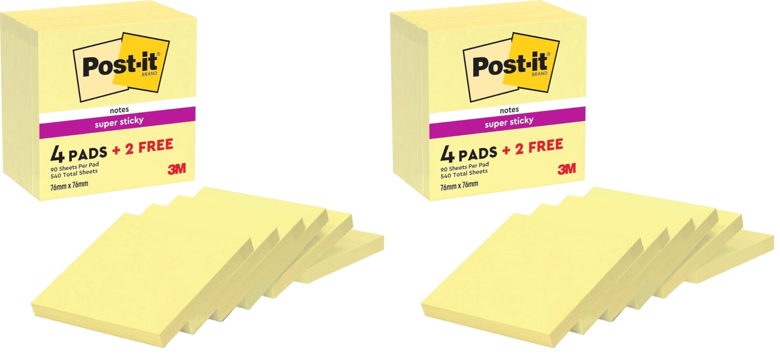 Post-it Super Sticky Notes, Canary Yellow, 76 mm x 76 mm, 90 Sheets/Pad, 4 + 2 Free Pads/Pack, 654-SSCY-P4+2 (Pack of 2)