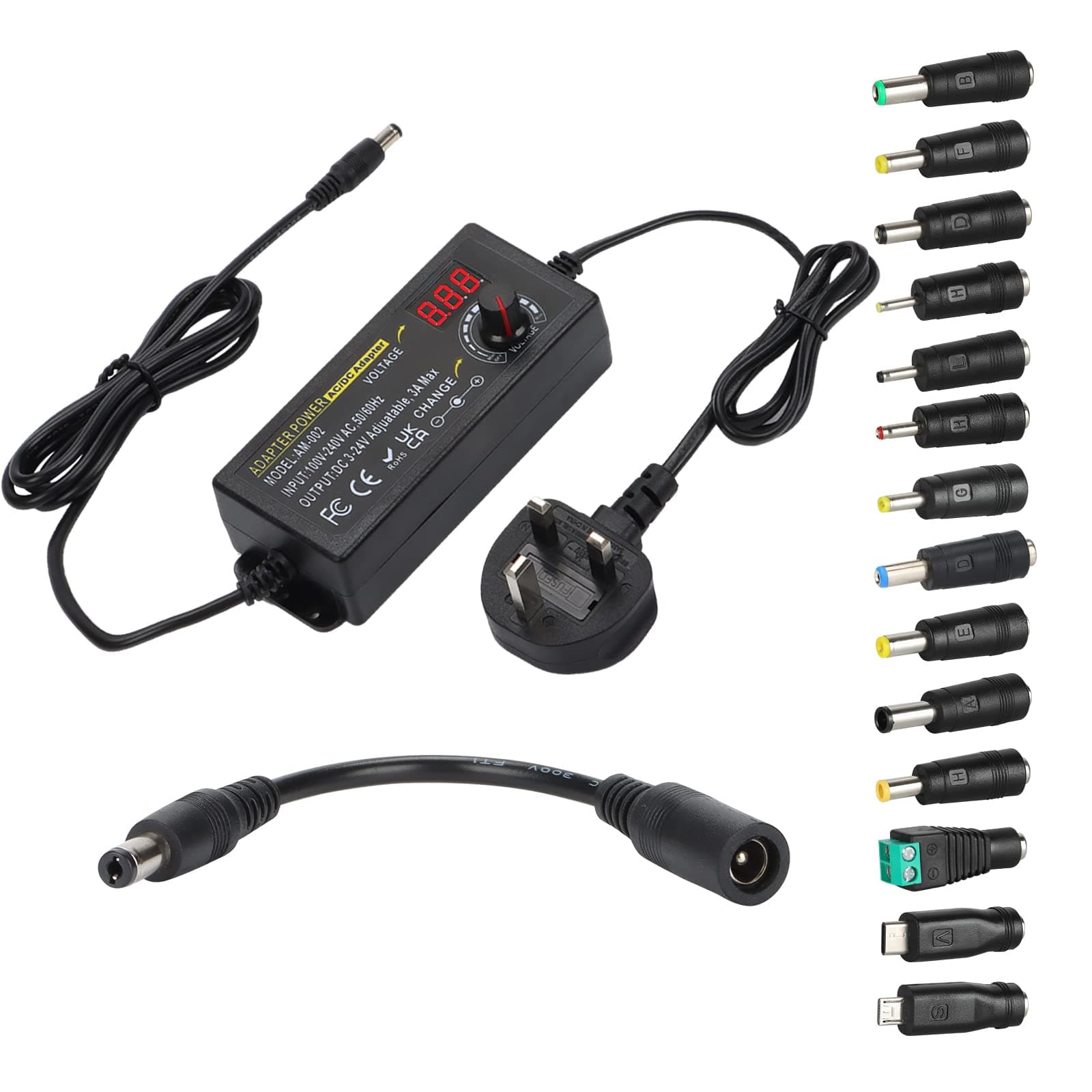 3V~24V 3A 72W Adjustable Power Supply Adapter,DC 3V 5V 6V 9V 12V 15V 18V 19V 20V 24V Universal AC/DC Adapter,100V-240V AC to DC Converter with 5.5x2.5mm 14 Tips & Polarity Cable for LED Strip Laptop