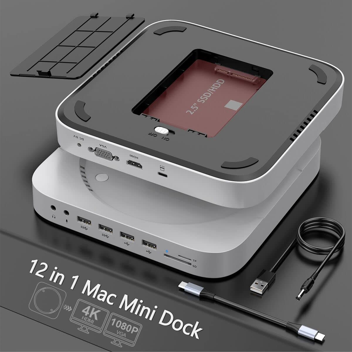 12 in 1 Mac Mini Dock with Hard Drive Enclosure (HDMI+VGA), Type-C Stand & Hub for Mac Mini M1 with SATA SSD/HDD, HDMI,VGA,USB, TF/SD, Audio Jack, hub for 2018/2020 Mac Mini (ABS Silver)