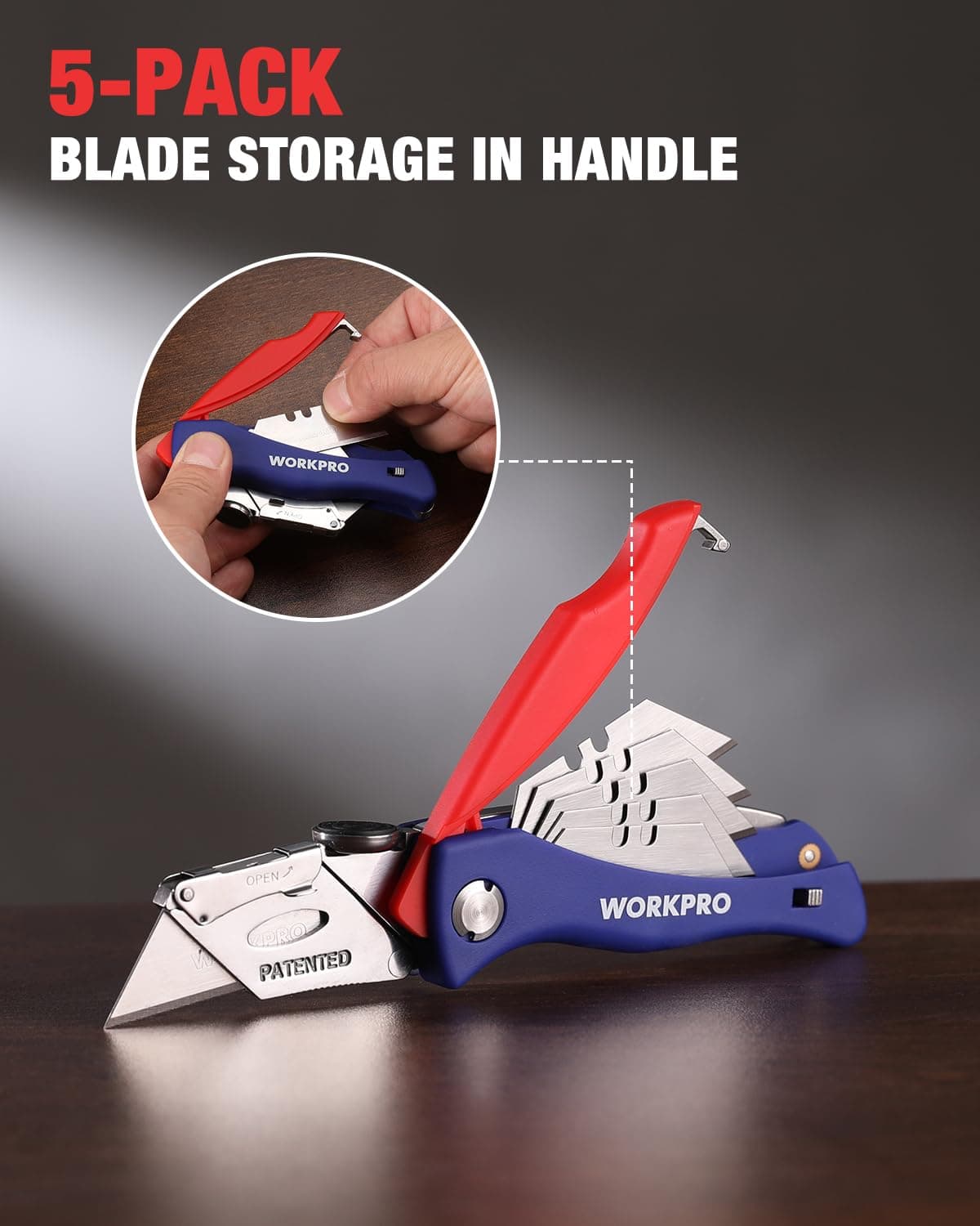 WORKPRO Folding Utility Knife, Quick-Change Box Cutter, Blade Storage in Handle with 5 Extra Blades Included