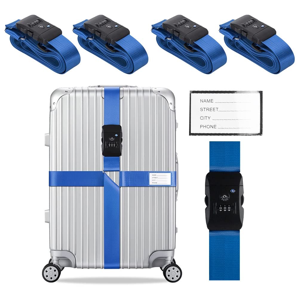 Veki Cross Luggage Straps Set TSA Approved with Lock Adjustable Travel Suitcase Belts Suitcase Tags with Name ID Card Packing Straps for Suitcases Strap Travel Accessories (Blue*4pcs)