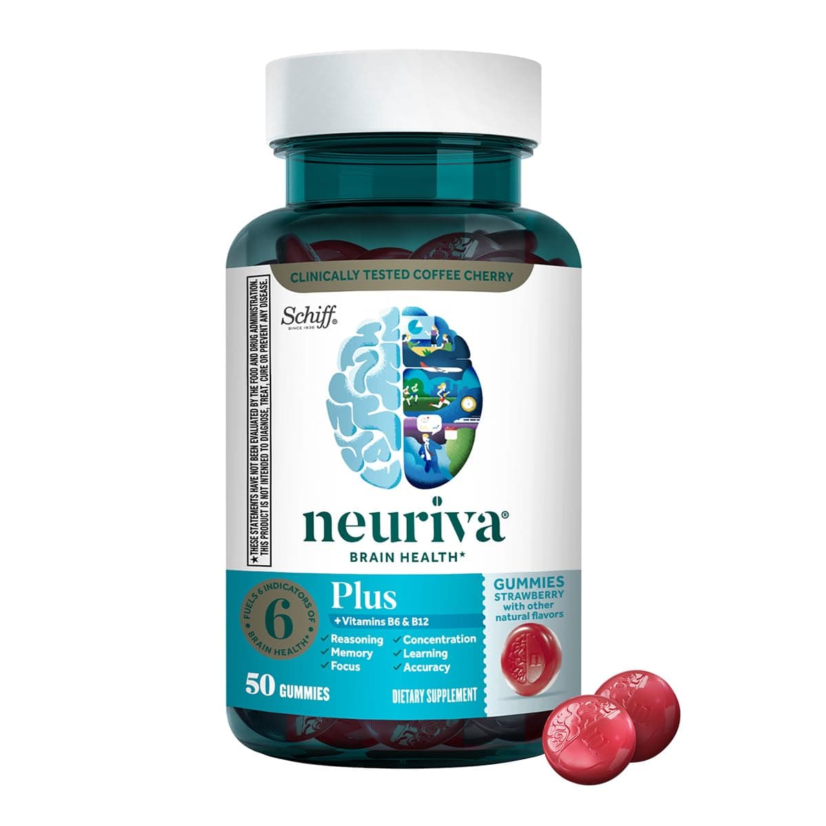 Plus Decaffeinated Nootropic Brain Supplements for Memory, Focus, Concentration, Cognitive Function, Clinically Tested NeuroFactor, Phosphatidylserine, Vitamins B6 B12, 50ct Strawberry Gummies