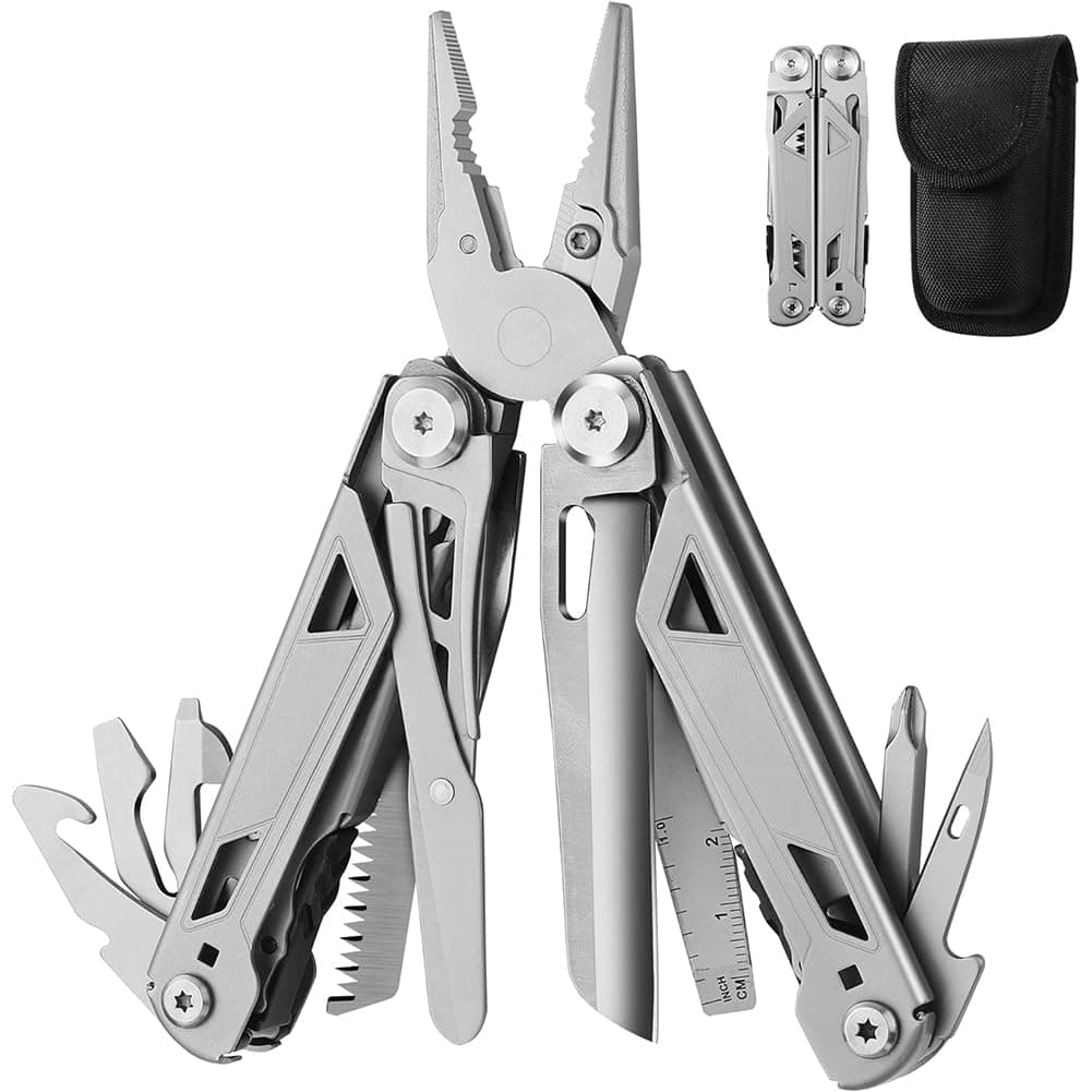 Upgraded Multitool Pliers, 17-in-1 Stainless Steel Multi Tool with screwdriver bits, cutter,stripper,awl,saw,scissors,bottle opener etc. Folding Pocket Multifunctional Tool for Camping Hiking