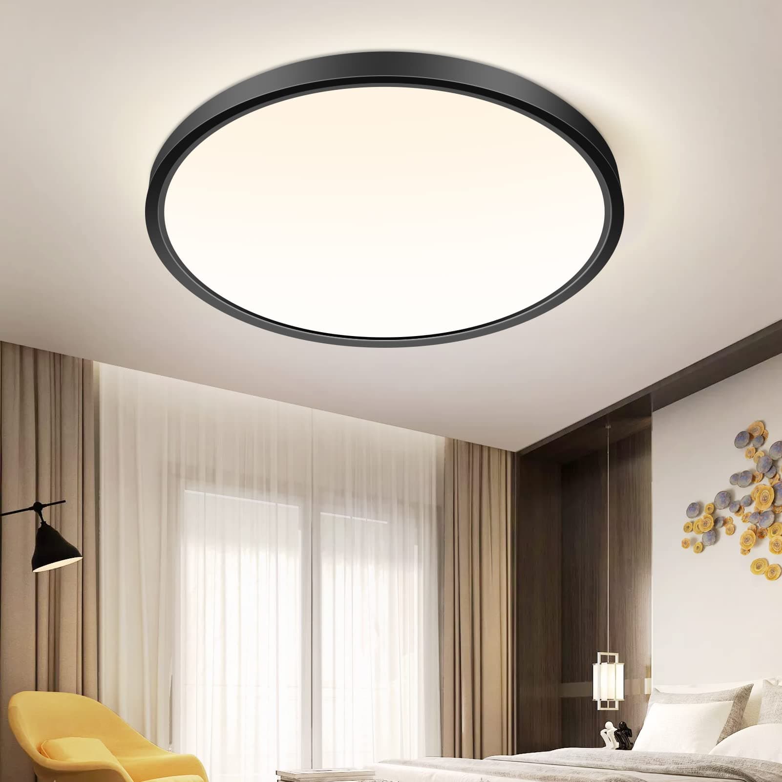 inShareplus 9 Inch Flush Mount LED Ceiling Light Fixture, Black 4000K Warm White, 18W(180W Equiv) Flat Round Modern Ceiling Lighting, 1800LM Ceiling Lamp for Bathroo, Porch, Bedroom, Closet Room