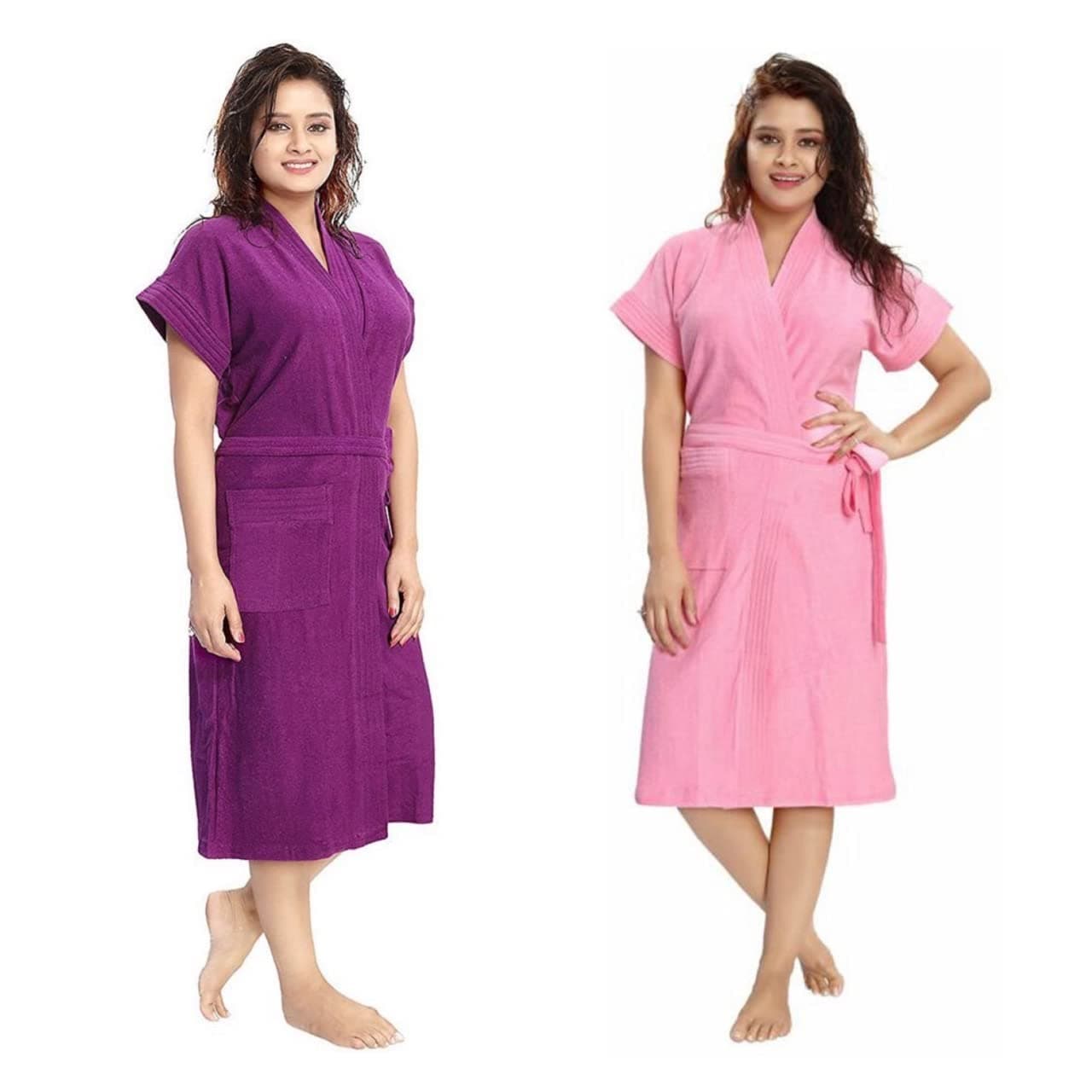 Deeram Women Solid Bath Robe Combo | Cotton Short Robes Soft Bathrobe Lightweight Bordered Kimono | Half Sleeve with Front Pocket | Versatile One Size Bath Gown ideal for Loungewear (purple_Babypink)