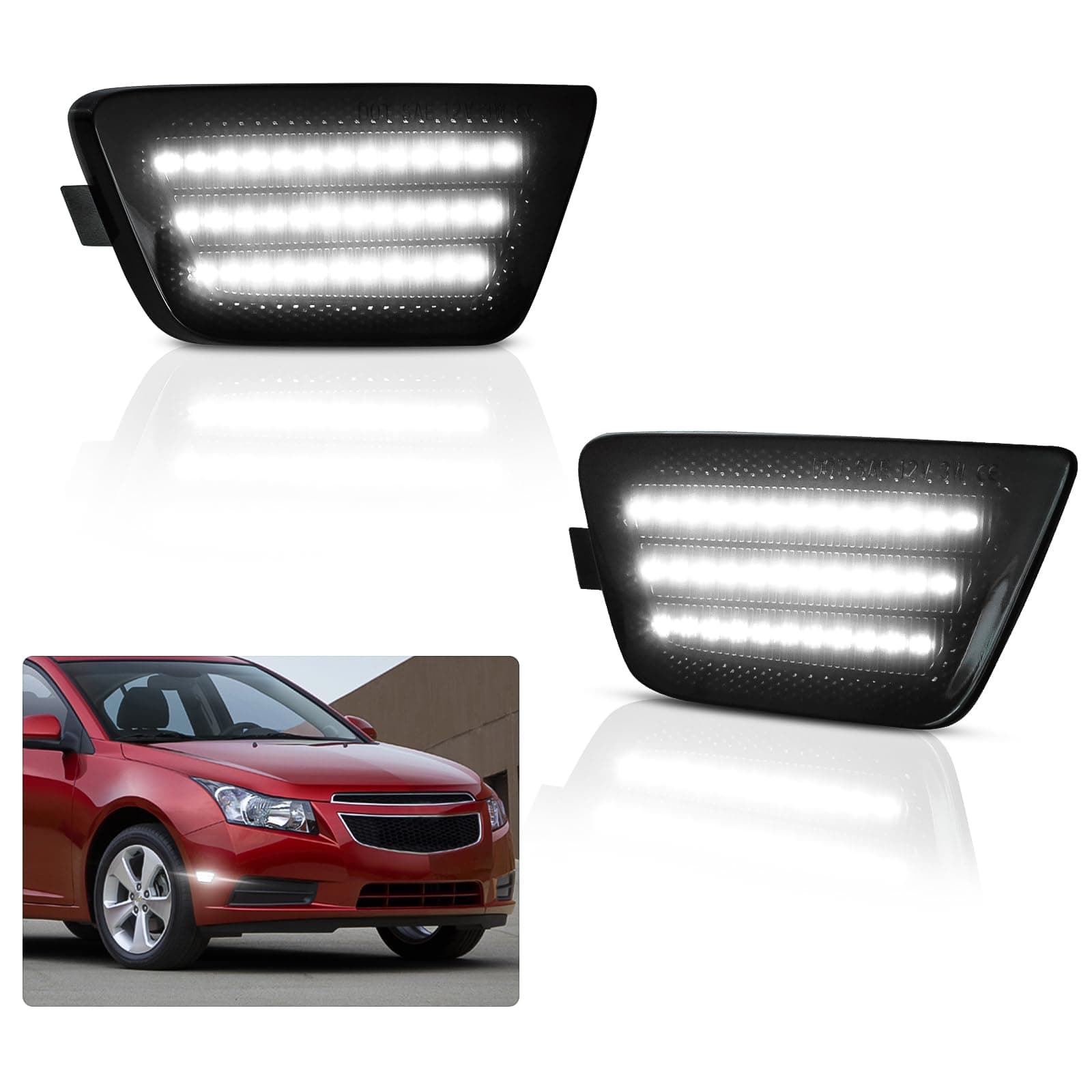 Bestview LED Side Marker Light Assembly, Front Bumper Lamps Compatible with Chevy Cruze 2011 2012 2013 2014 2015, Driver & Passenger Side, Smoked Len White Lamp