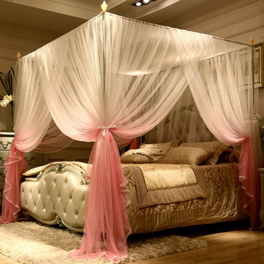 Lace Bed Canopy For Double Bed,4 Corner Mosquito Net,elegant Princess Curtain Netting Bed Drapes For Girl,adult,easy Installation-pink King