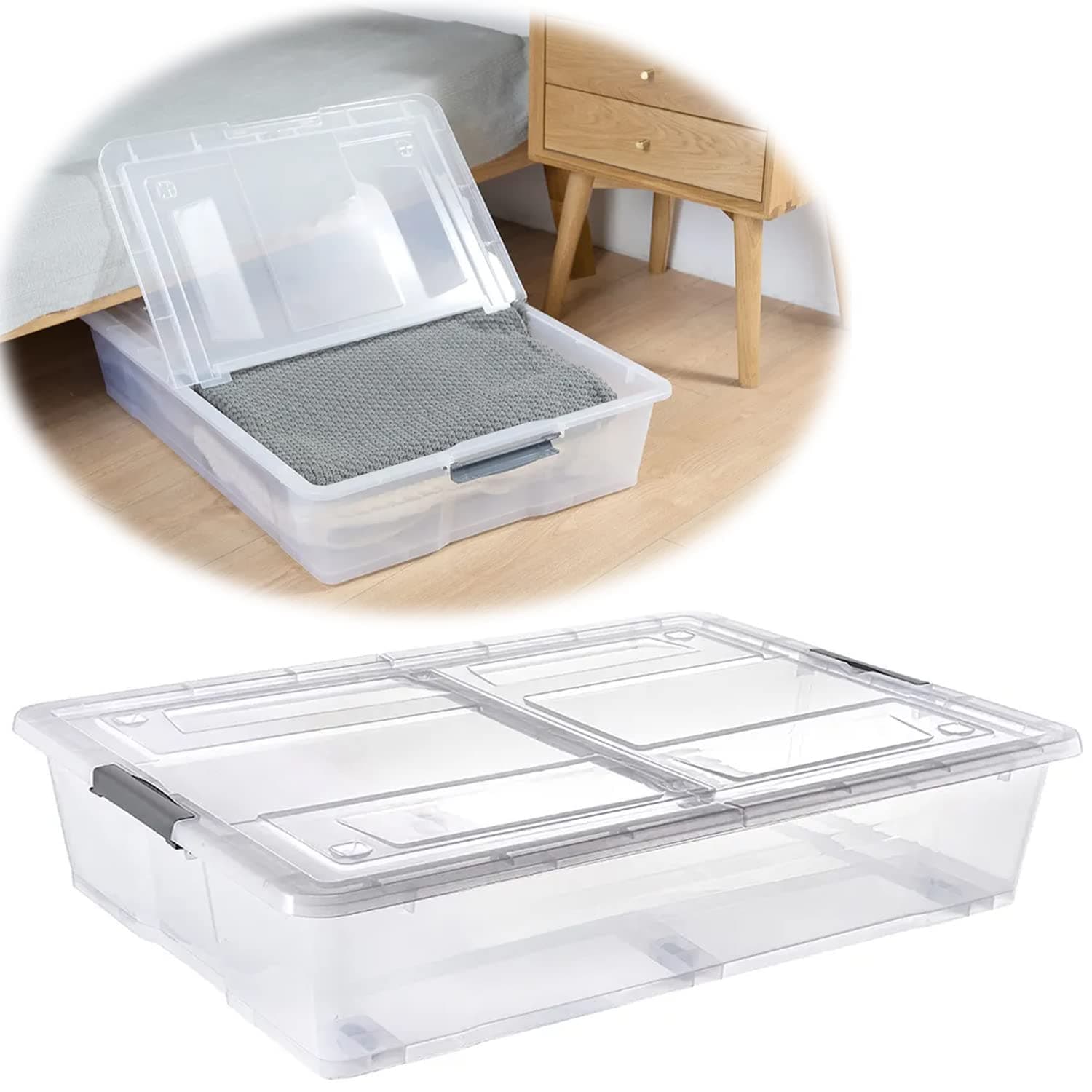 Premify 55L Plastic Storage Box With Dual Lid & Wheels | Slim Under Bed Plastic Organizer – Stackable Transparent Box Storing Clothes, Toys, Shoes, Tools, Medicine, Office Supplies, Crafts, Kitchen