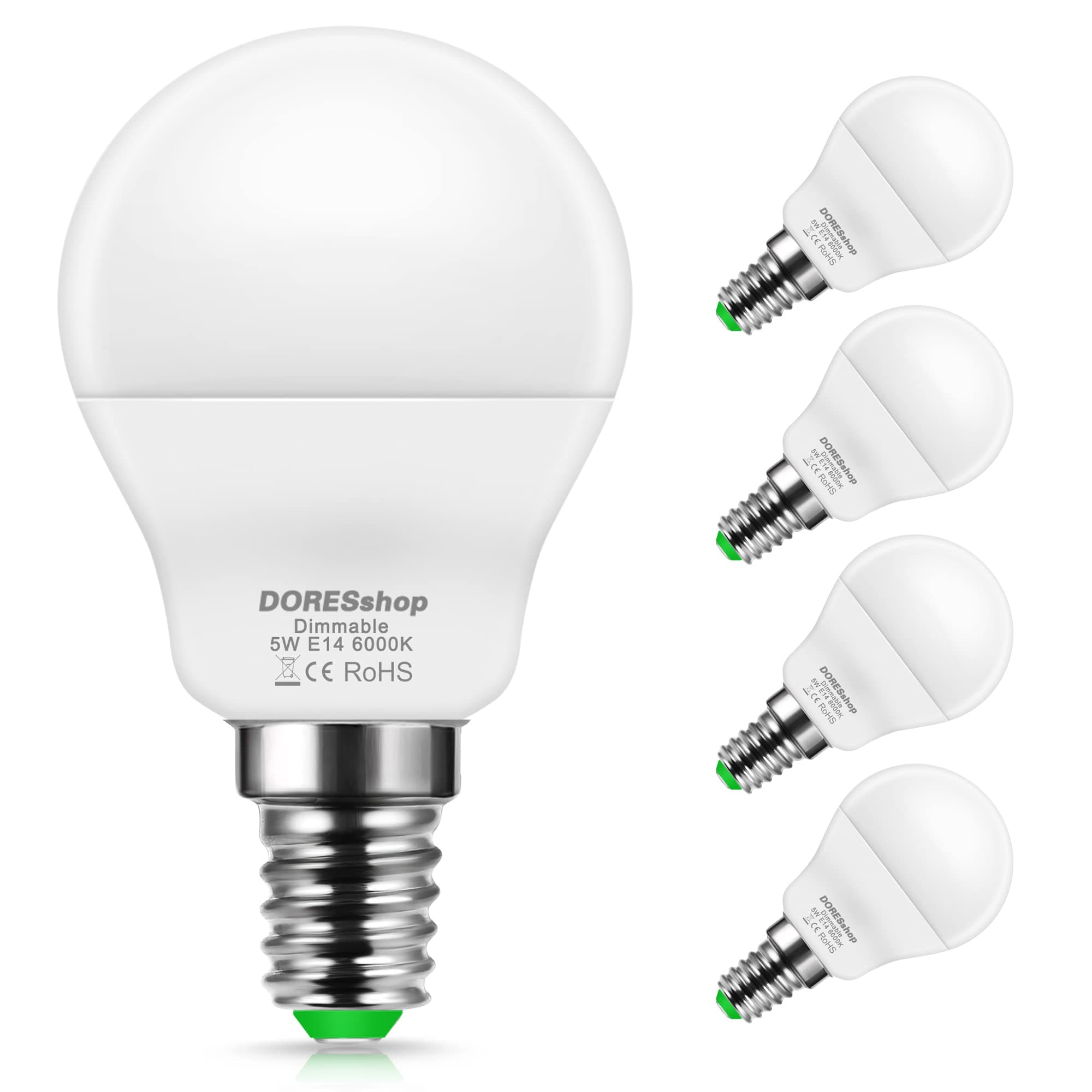 DORESshop E14 Dimmable LED Bulb, 5W P45 Small Edison Screw Bulbs(SES) Golf Ball Bulbs, 40W Incandescent Equivalent, 6000K(Daylight White),450LM, Not Suitable for 3-Way Dimmable Lamps, 4-Pack [Energy Class F]