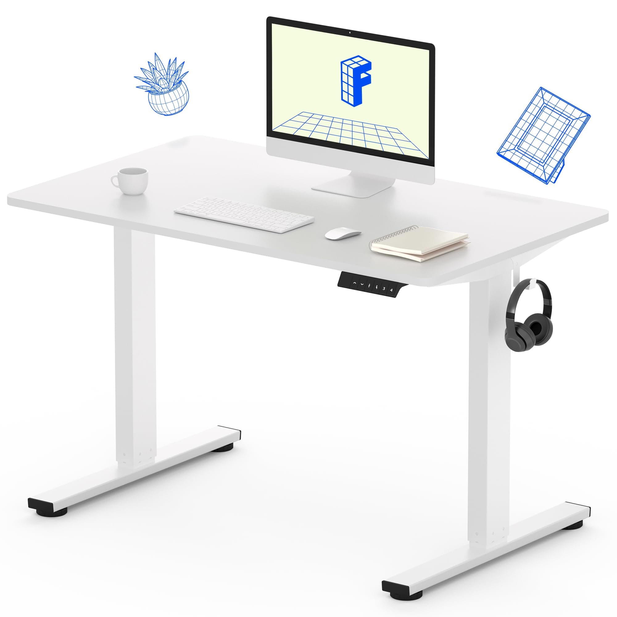Standing Desk, 48" x 24" One-Piece Desktop, Height Adjustable Computer Desk for Home Office, White Frame & White Top (One Package)