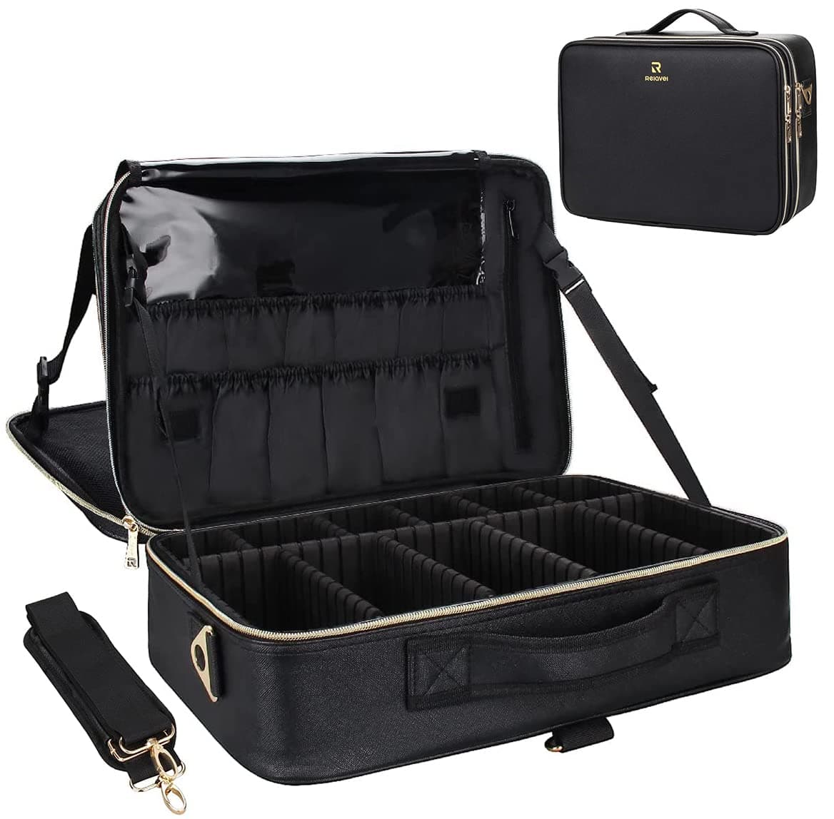 Relavel Makeup Case Large Makeup Bag Professional Train Case 16.5 inches Travel Cosmetic Organizer Brush Holder Waterproof Makeup Artist Storage Box, 3 Layer Large Capacity, with Adjustable Strap