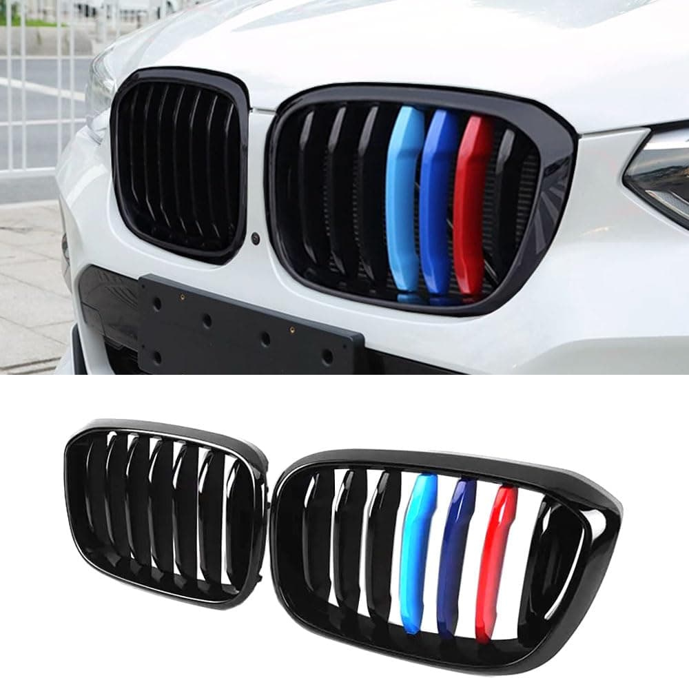 MAXDOM Replacement Front Upper Grill Fit for BMW (2018-2021) X3 G01 (2019-2021) X4 G02 – Gloss Black Single Slat Tricolor ABS Grille
