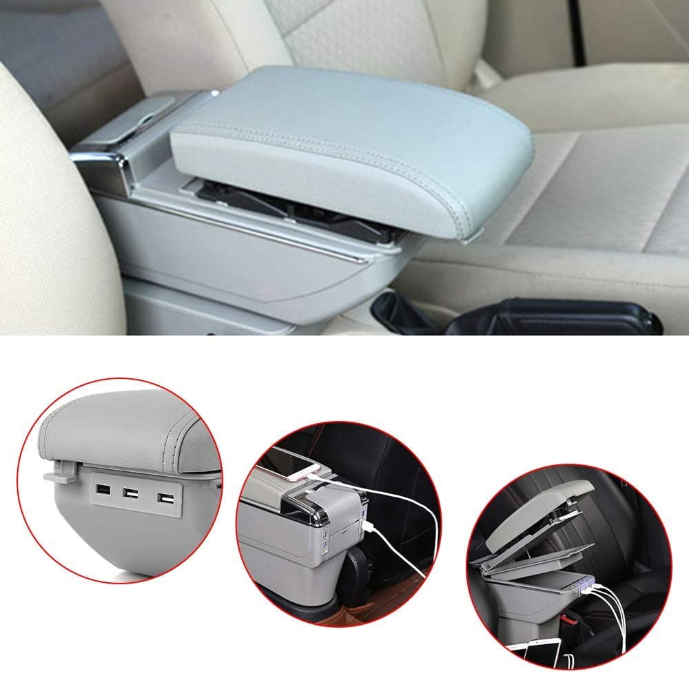 CobearUniversal Double-Space Car Armrest Box Interior Accessories with Cup Holder & Ashtray & 7 USB Ports Grey