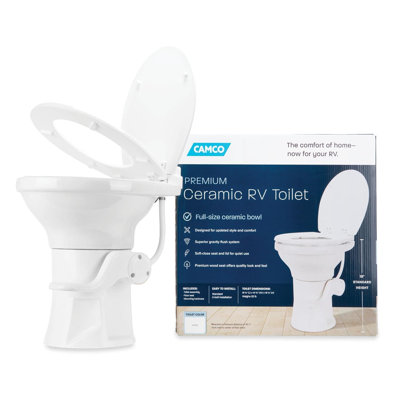 Camco Premium Ceramic Camper/RV Toilet - Features Gravity Flush System w/Convenient Foot Pedal - Full-Sized Ergonomic Design w/18" Chair Height - Soft-Close Wood Seat & Lid - White (41710)