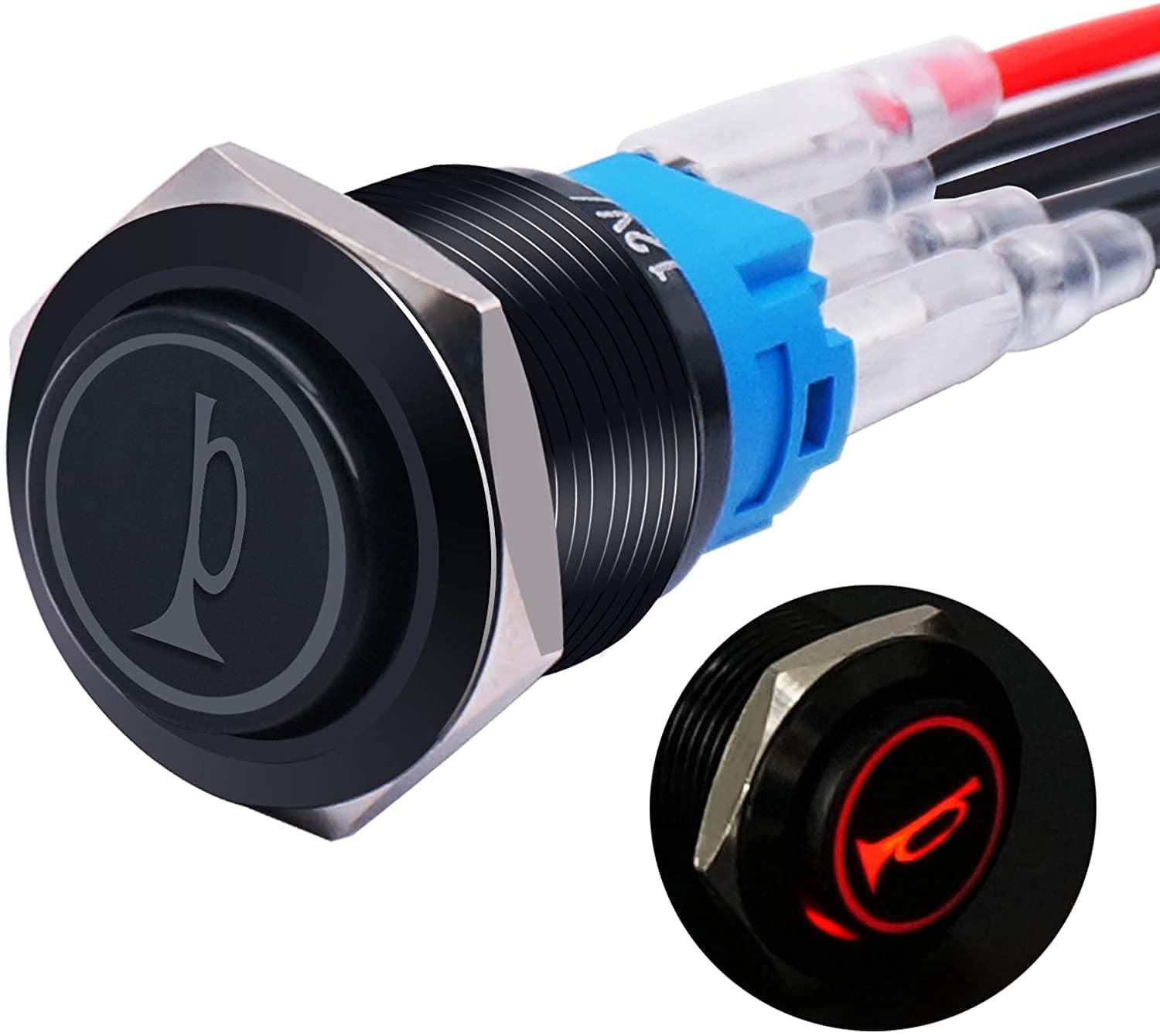 mxuteuk 16MM Raised Speaker Horn Momentary Push Button Switch 5/8" Mounting Hole 12V Red Led Light Black Stainless Steel Shell 1NO 1NC SPDT with Pre-wiring Wires Switch For Car Modification BKG16LB-R