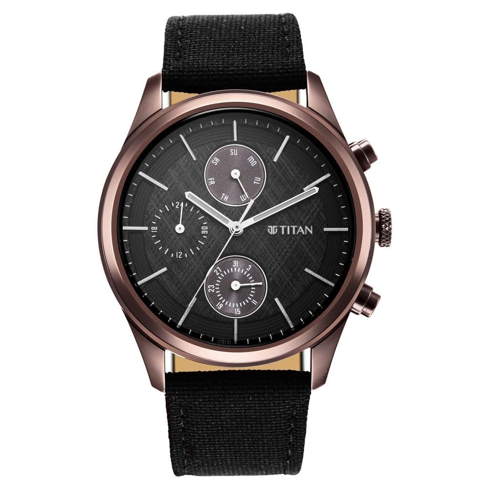 Titan Neo Splash Quartz Multifunction Black Dial Black Leather Strap Watch for Men - NT1805QP01