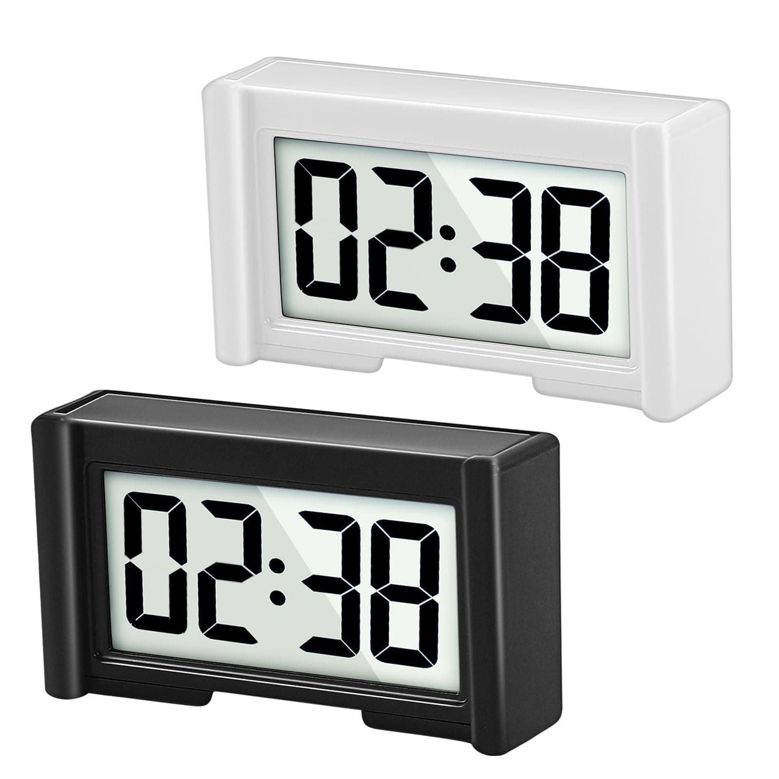 YOUNGFLY 2PCS Small Digital Clock, Vehicle Adhesive Clock with Jumbo LCD Time & Day Display, Mini Car Dashboard Clock Battery Operated for Desktop Car Truck Dashboard & Air Vent (Black, White)