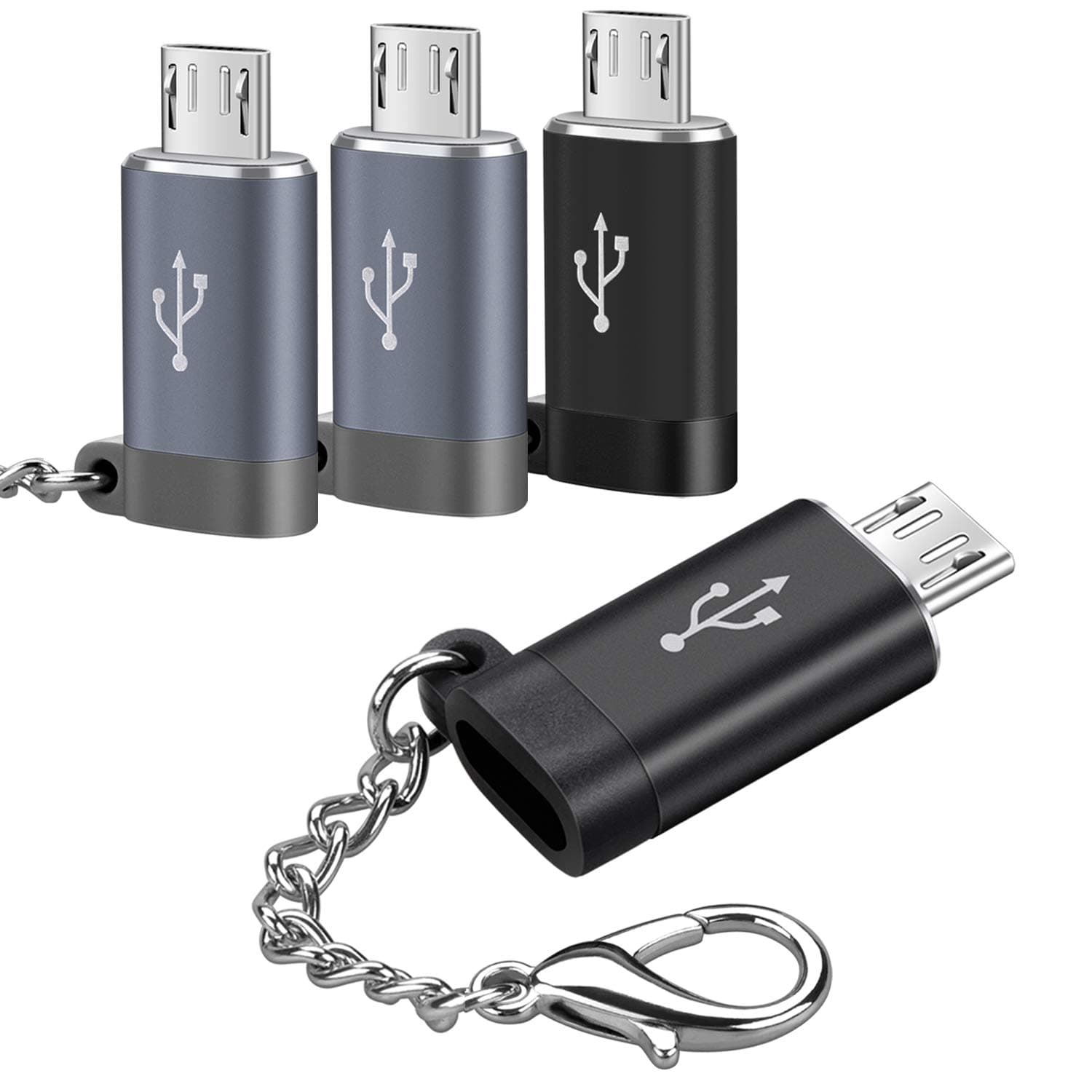 USB C Female to Micro USB Male Adapter (4 Pack),Convert Type C to Micro USB,Keychain Charger Connector Converter,Works with Smartphones,Tablets,and More Devices with Micro USB Ports,Gray&Black