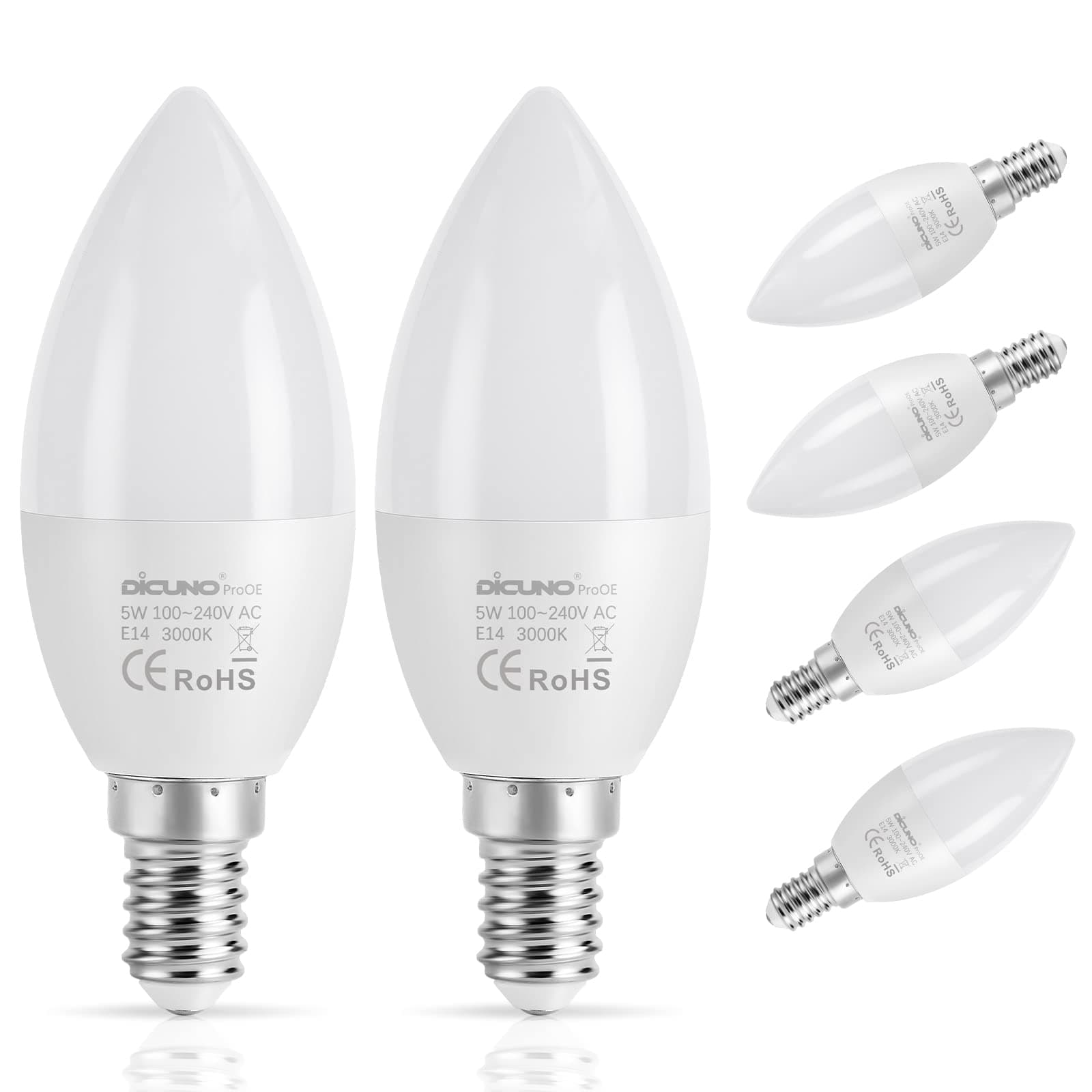 DiCUNO ProOE E14 LED Light Bulb, Small Edison Screw E14 Candle Bulb 5W, 40W SES Equivalent, CRI>98, 450LM, 3000K Warm White C37, Non-Dimmable, 100-240V, 6-Pack [Energy Class G]