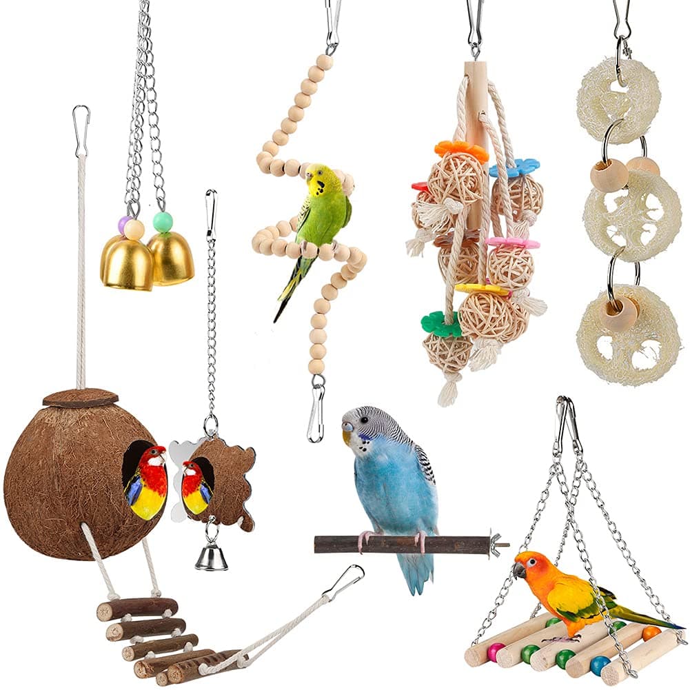 For Parakeet, Conure, Cockatiel, Love Birds, Parrots - Bird Cage Hammock with Ladder, Hanging Bell Swing, Chewing Toy