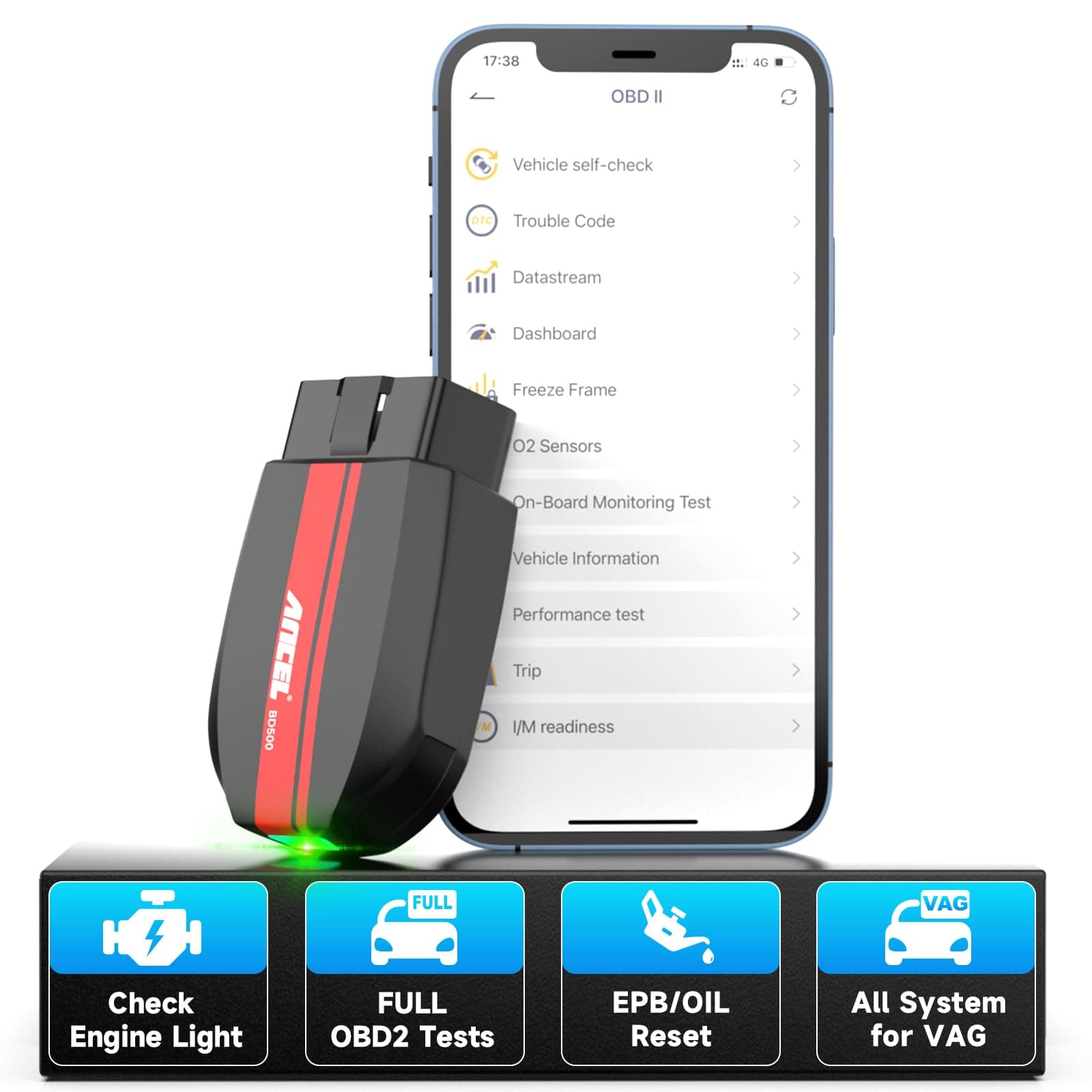 BD500 Bluetooth Diagnostic Scan Tool for VW Audi Seat Skoda Diagnosis, Full Systems Volkswagen OBD2 Scanner Vag Car Code Reader with Battery Check EPB Reset for iPhone, iPad & Android