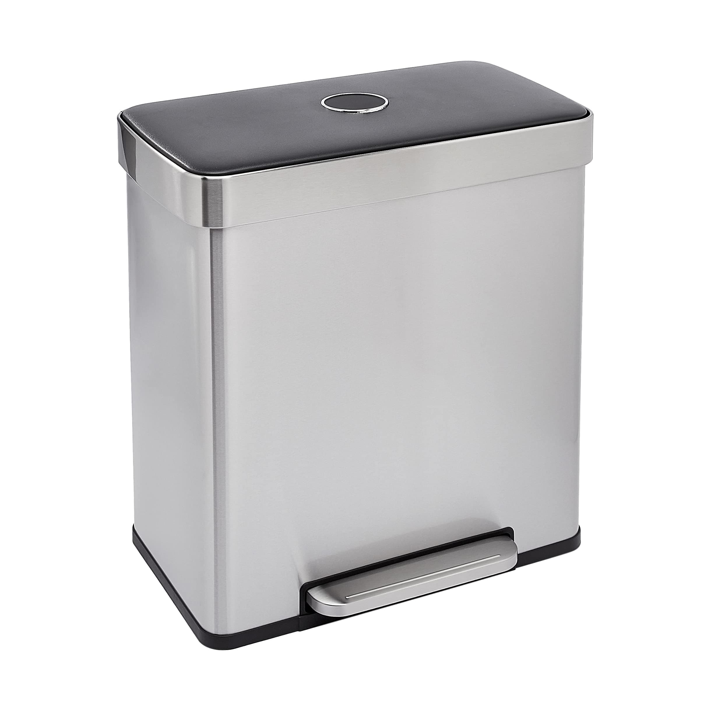 Amazon Basics Rectangular Recycling Rubbish Bin with 2 Compartments, 60 Litres, Silver