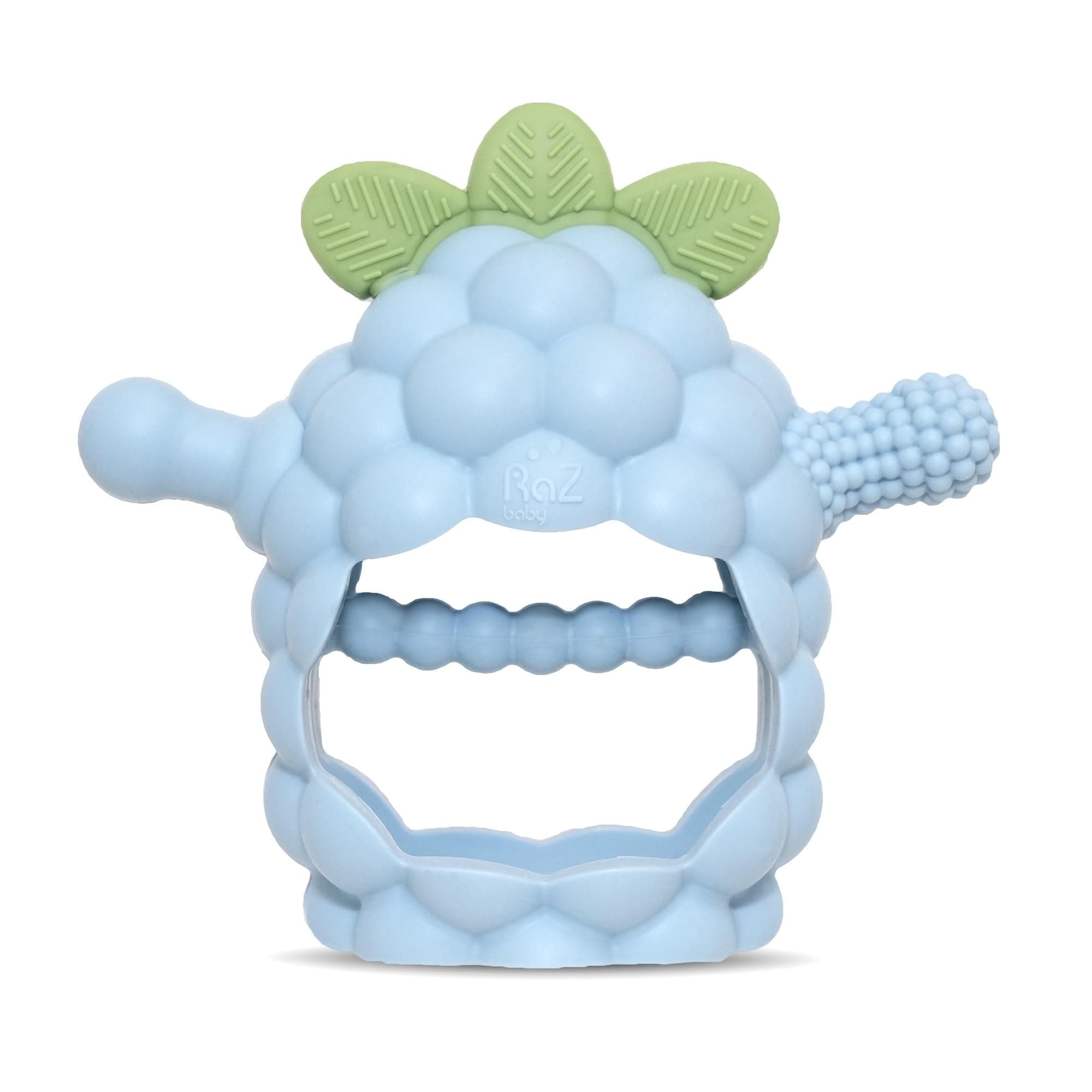 RaZbaby RaZberry Grip Silicone Teether Toy for 3M+ | Drop Resistant Hand Held Teether for Babies and Infants - Designed by Nature with Our Patented BerryBumps Multitextured Design | 3M+, Blue