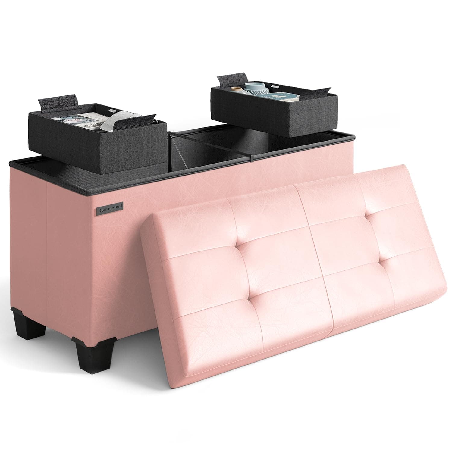 STORAGEBUD Storage Ottoman Bench with Bins, 30-in Storage Bench for Bedroom End of Bed, Folding Foot Rest Ottoman for Living Room Max 660lbs, Faux Leather Ottomans, Pink