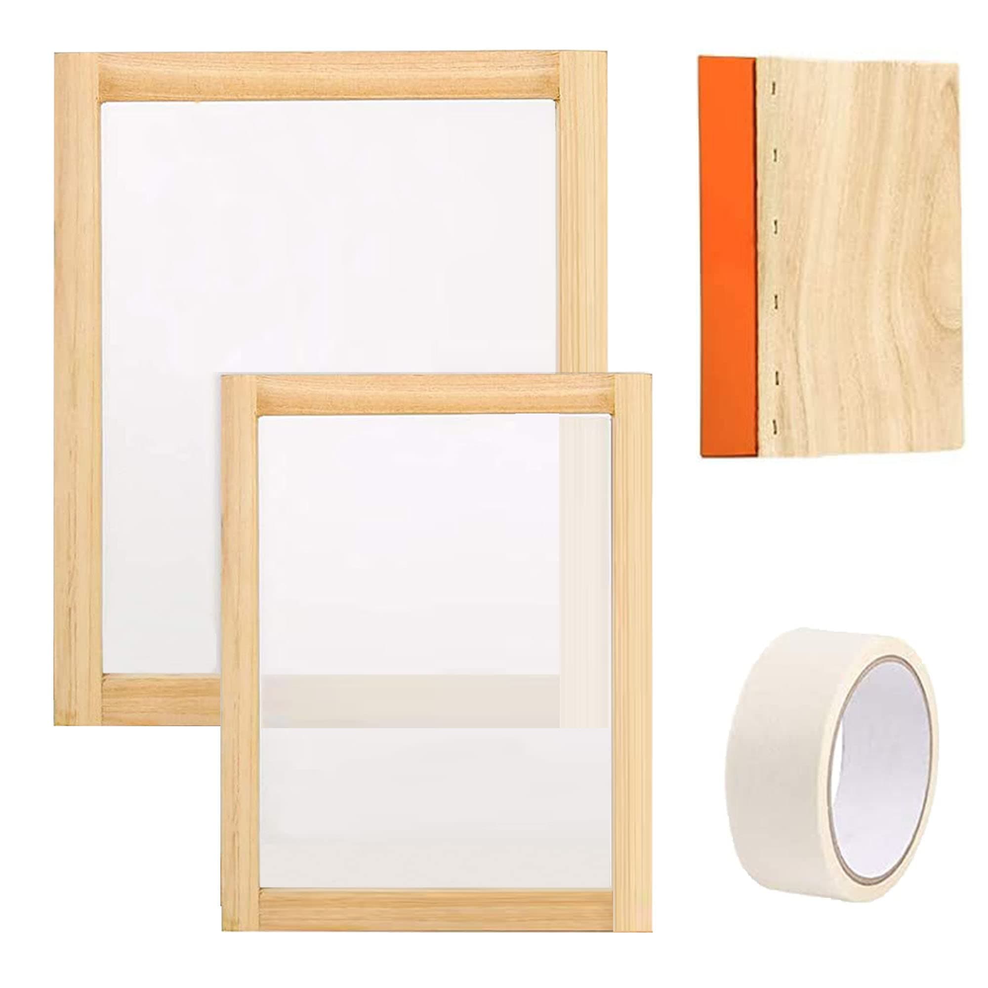 Screen Printing Kit, 2 PCS Wood Silk Screen Printing Frame with Mesh, Screen Printing Squeegees, Mask Tape for Screen Printing