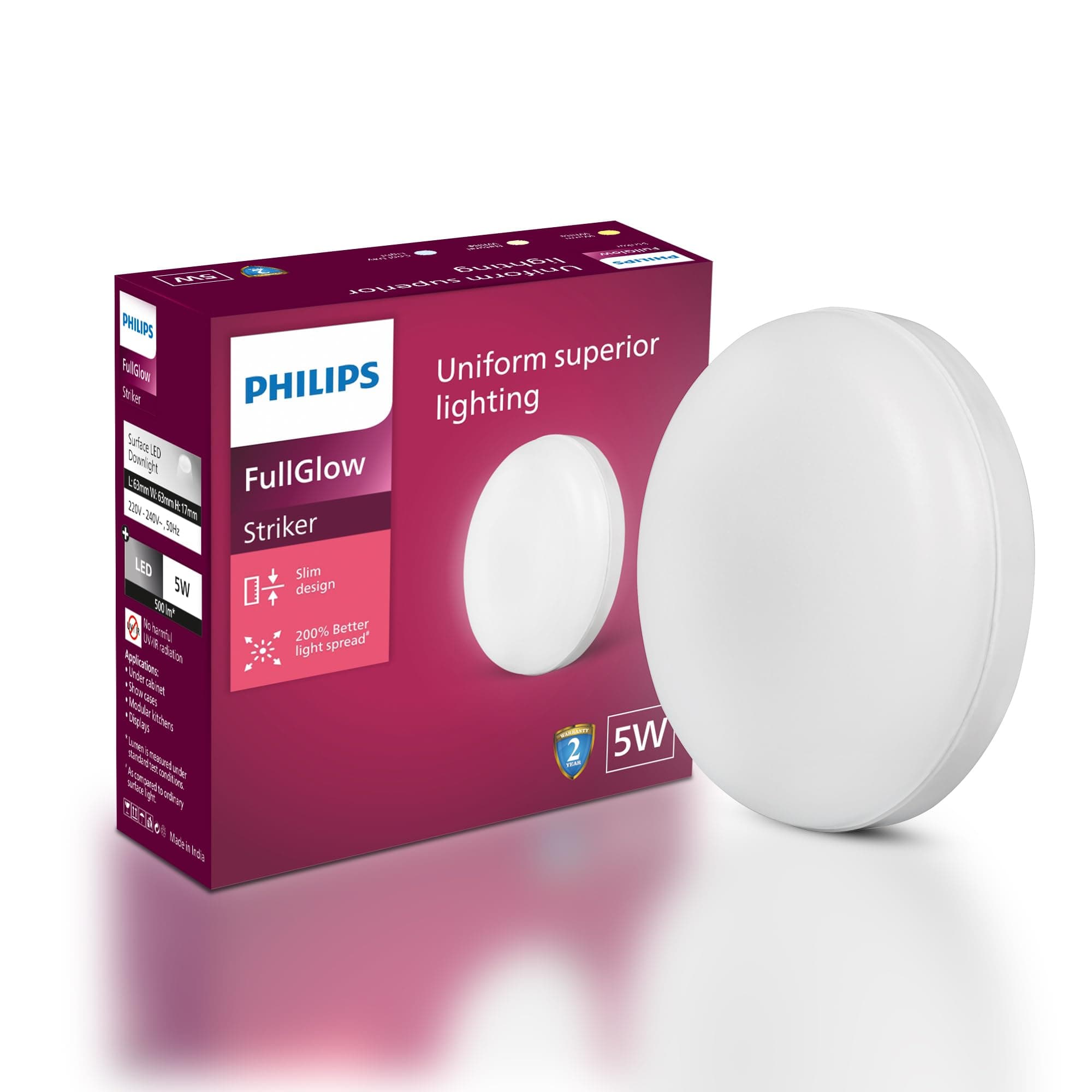 Philips polycarbonate Rimless Full Glow 5-watt Round LED Surface Downlighter|Striker Surface Under Cabinet LED Light for Decoration|Natural White, Pack of 1