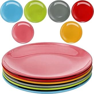 Peohud 6 Pack Melamine Plates, 28cm/11inch 100% Melamine Dinner Plates, Colorful Flat Bottom Dinnerware Dishes for Daily Indoor Outdoor Use, Dishwasher Safe, Break-Resistant, Multicolor