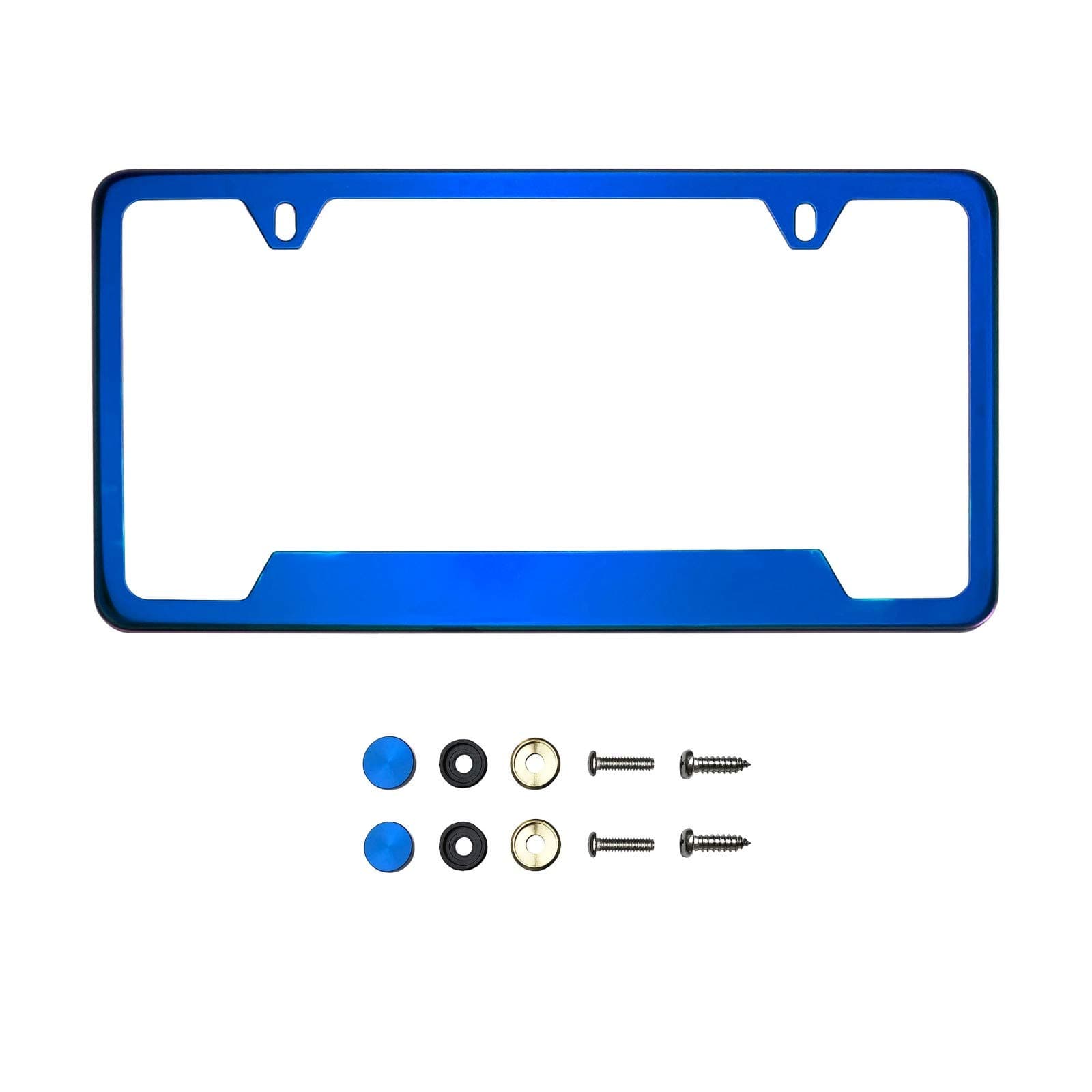 KA DepotBottom Corner Cut Out Version Blue Chrome Mirror License Plate Frame T304 Stainless Steel + Metal Screw Caps