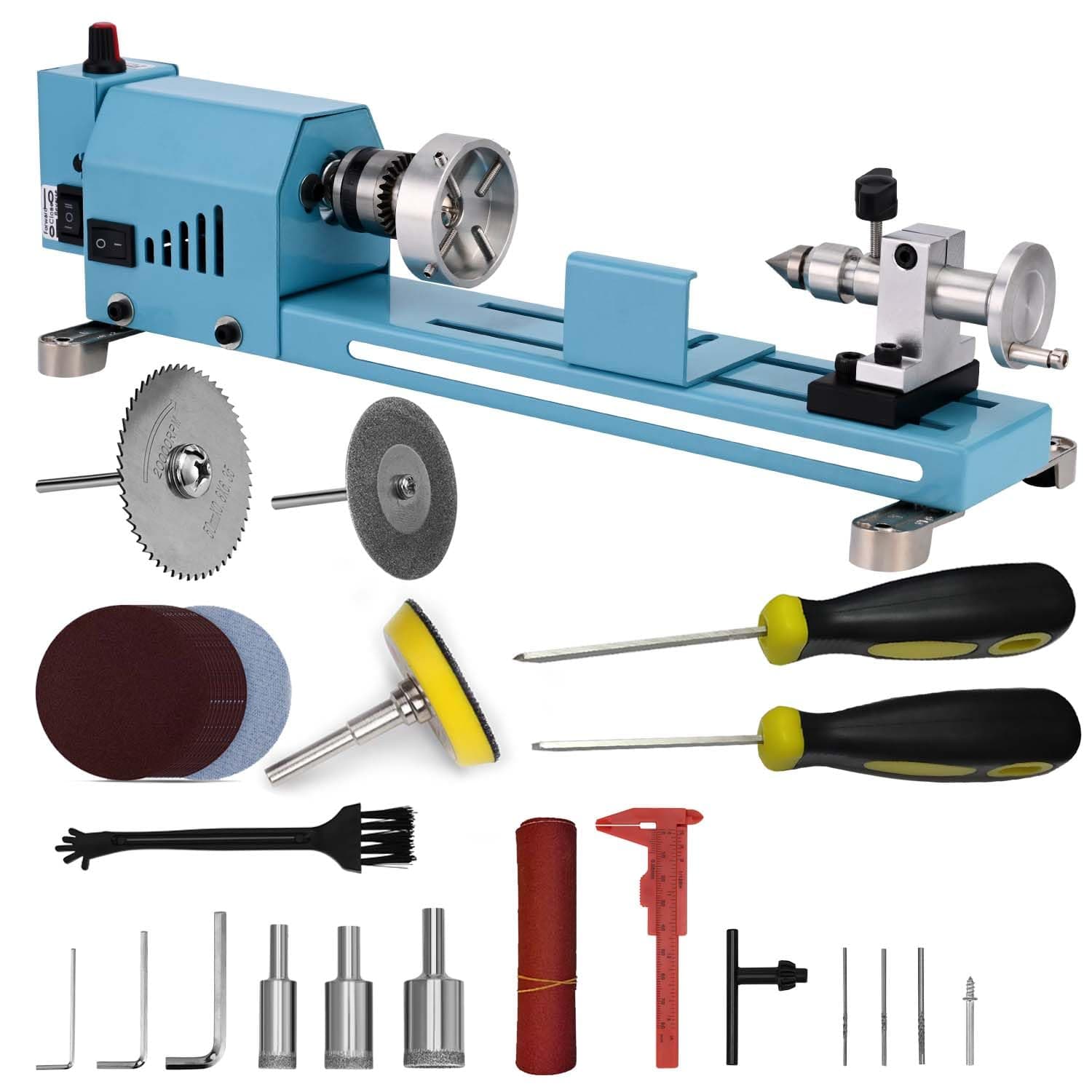 Mini Wood Lathe Machine Infinite Speed Control Multi-Purpose Type For Desktop Supports Wood Sawing, Polishing, Grinding The Professional Set Of Accessories Comes With Instructions For Easy Use