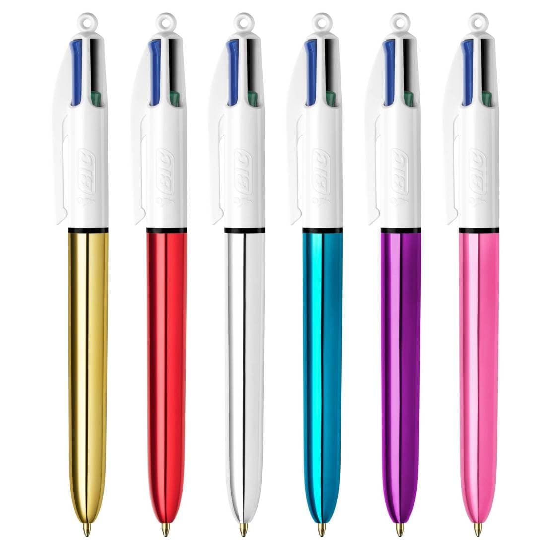 4 Colours Shine Retractable Ballpoint Pens, Medium Point (1.0 mm) - Assorted Metallic Barrels, Box of 12