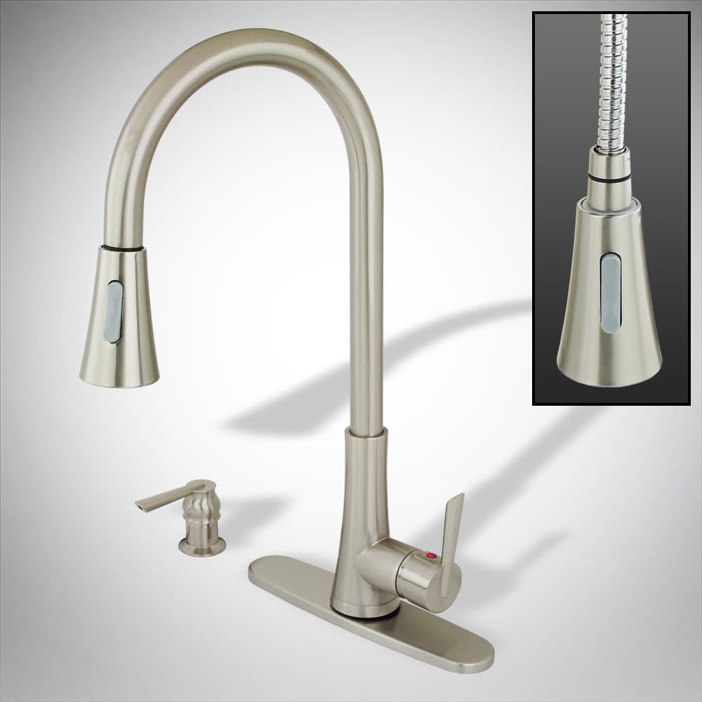 Brushed Nickel Kitchen Sink Faucet Pull Out Spray with Soap Dispenser and Deck Cover Plate