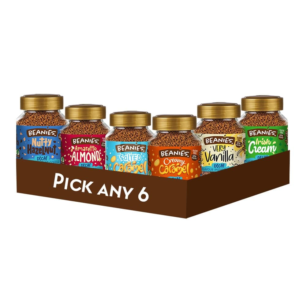 Beanies - Decaf Mix & Match Coffee Bundle, Customise Your 6 Jar Combo, 6 x 50g (300g), Freeze-Dried, Easy to Brew, Rich in Flavour, Low-Calorie, Sugar-Free