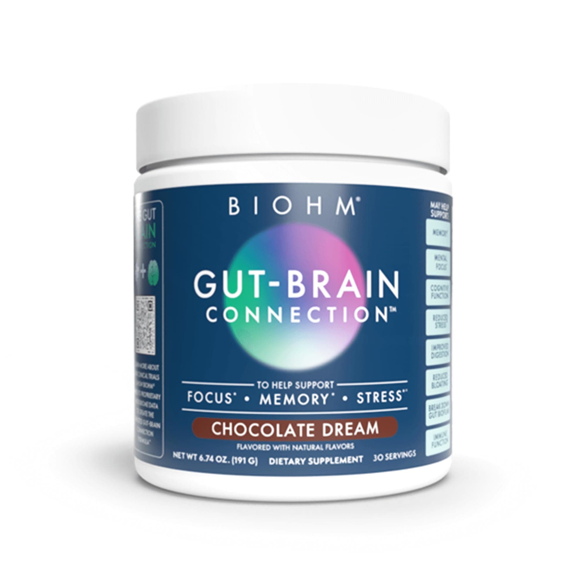 BIOHM Gut-Brain Connection Memory & Focus Supplement (6.74 Oz, 30 Servings) Supports Gut Health & Cognitive Well-Being, Helps Enhance Mood, Probiotics, Lion's Mane & Bacopa Monneiri, Chocolate Flavor