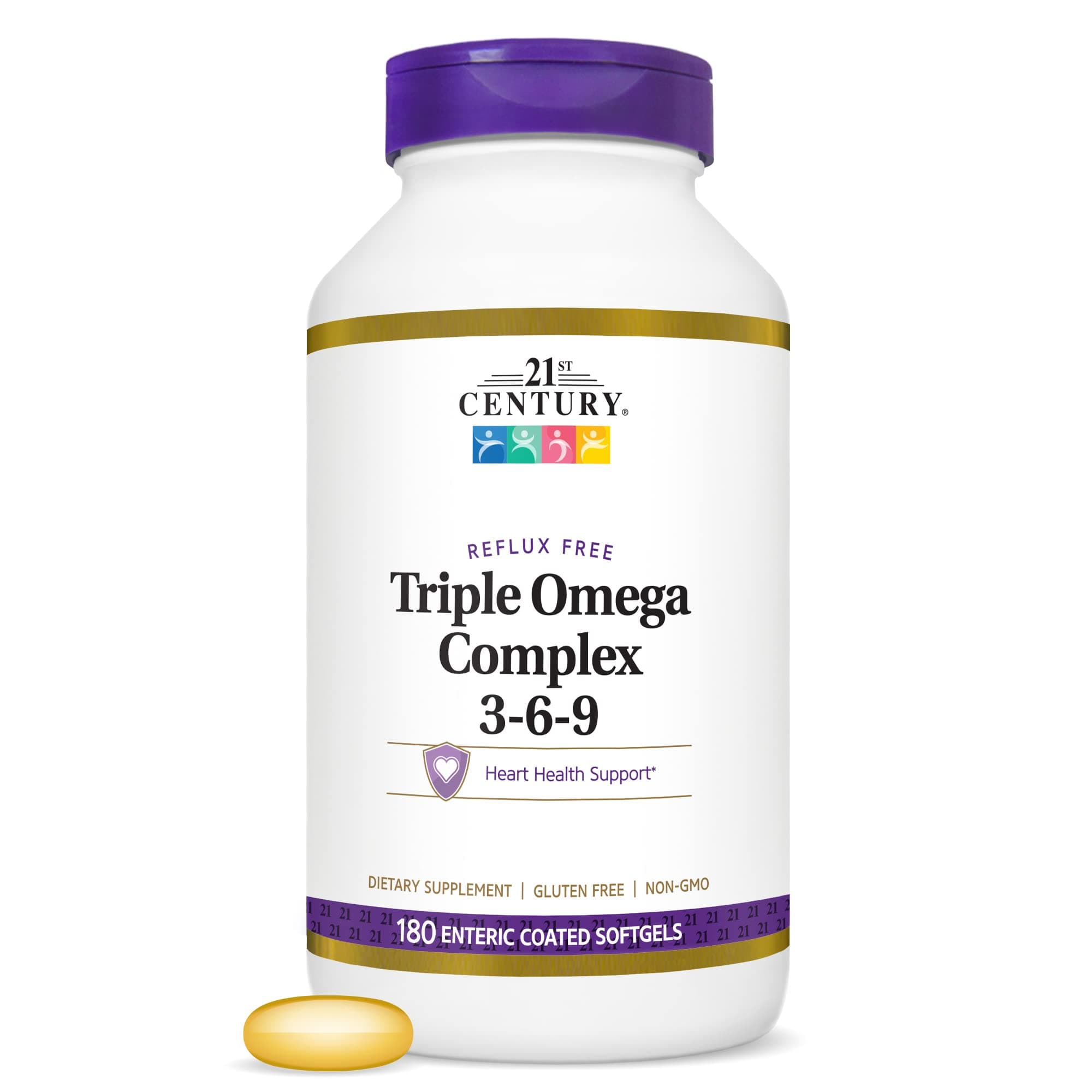 21st Century Triple Omega 3-6-9 Complex Softgels (180 Count), Fish, Flax & Borage Oils, EPA DHA Omega 3 Supplement for Heart Health Support, Enteric-Coated to Reduce Reflux, Non-GMO, Gluten-Free