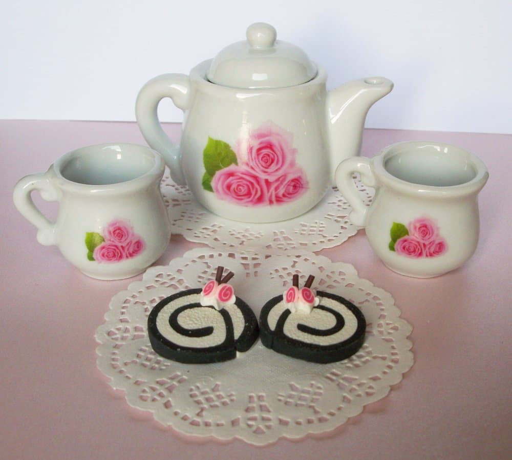 Pink Roses Ceramic Tea Set Pitcher 2 Glass 2 Chocolate Rolls Playset for 14 inch and 18 Inch Dolls American Girl®, Journey Girls, Our Generation, Madame Alexander, Wellie Wishers, Hearts for Hearts