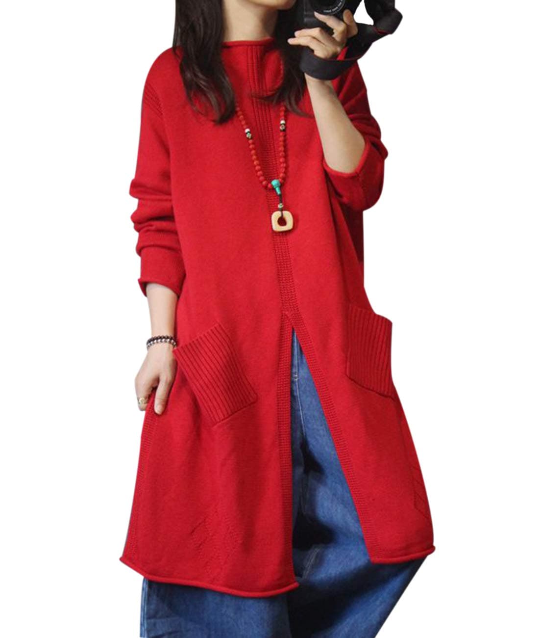 YG7 Casual Loose Knitted Pullover Sweater Coat Split Rolled Hem Long Sleeve Pocket