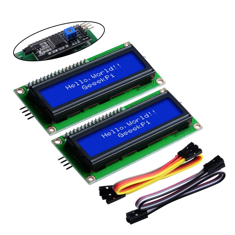 GeeekPi I2C 1602 LCD Display 16X2 Character Serial Blue Backlight Module (Pack of 2)