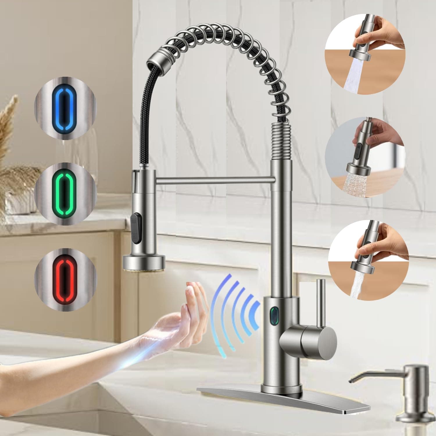 Touch-Less Kitchen Faucet, 3 Modes Pull Down Sprayer, LED Temperature Control,Ceramic Valve, 360-Degree Rotation, 1 or 3 Hole Deck Plate. 10-Year Warranty. (KW-79SN, Brushed Nickel)