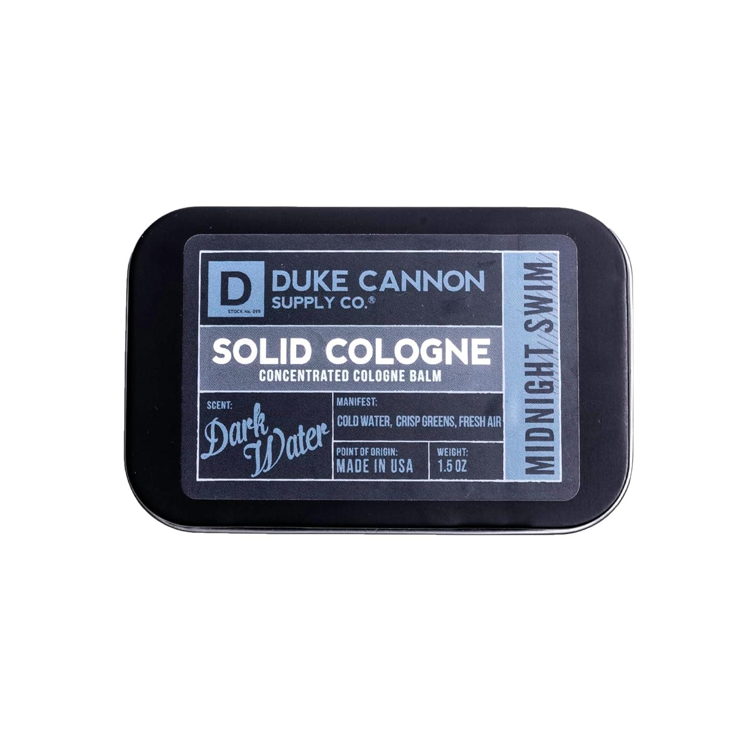 Solid Cologne for Men Midnight Swim - Cold Water, Crisp Greens, Fresh Air - Concentrated Balm, Coconut Oil, Travel-Friendly Tin, 1.5 oz (1 unit)
